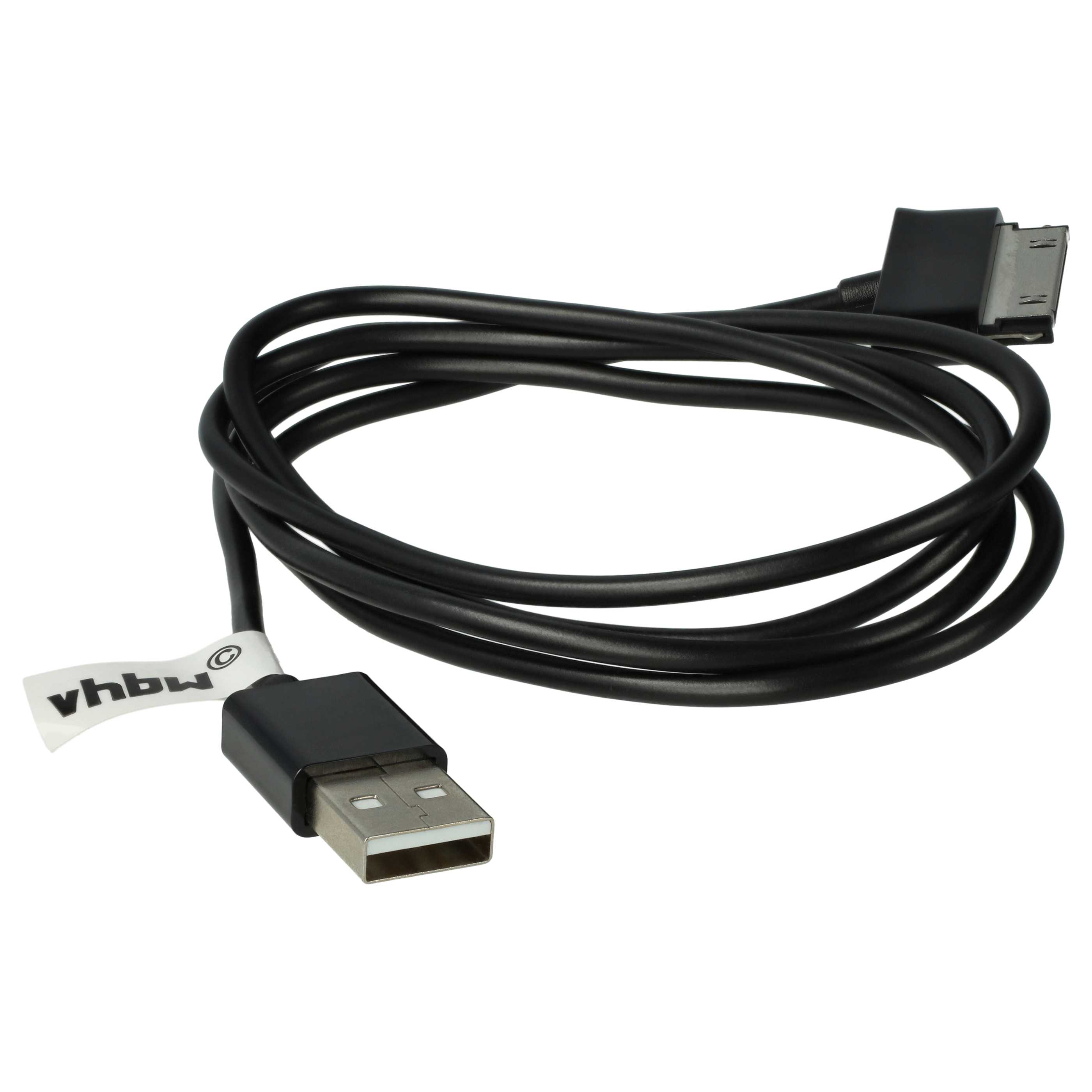 Ein schwarzes USB-Kabel ist auf weißem Hintergrund aufgerollt. Es hat einen USB- und einen anderen Steckertyp.