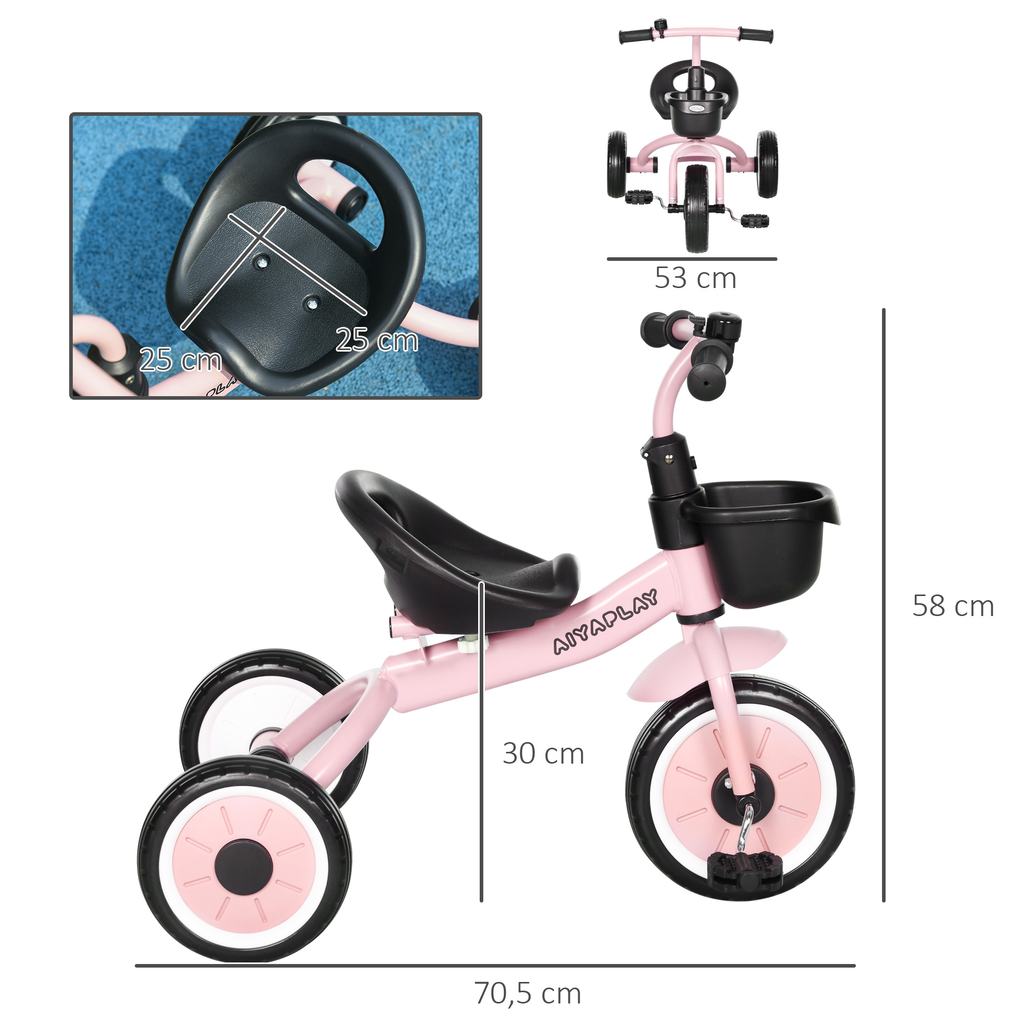Un triciclo rosa con asiento y cesta negros. Se muestran las dimensiones. Tiene tres ruedas con detalles rosas y blancos.