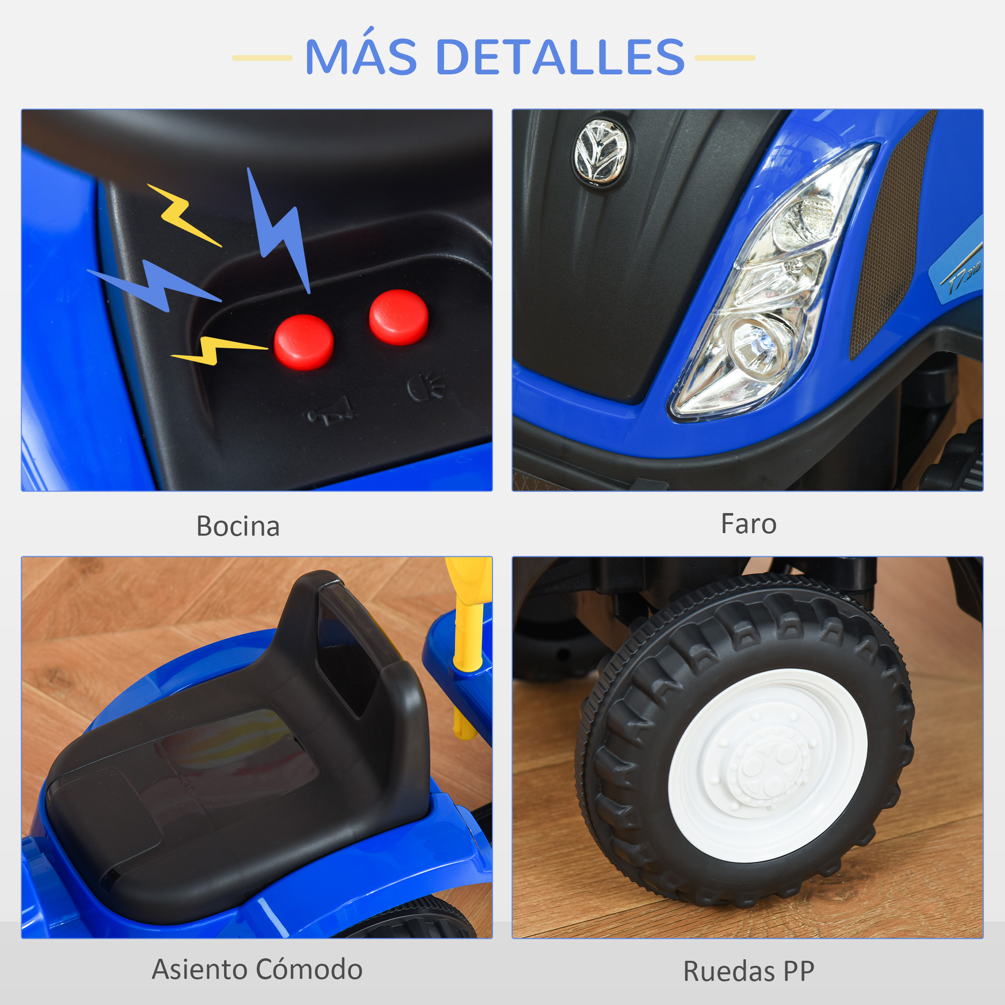 Un tractor de juguete azul con detalles: luces, botones, asiento y ruedas. La imagen está dividida en cuatro vistas detalladas.