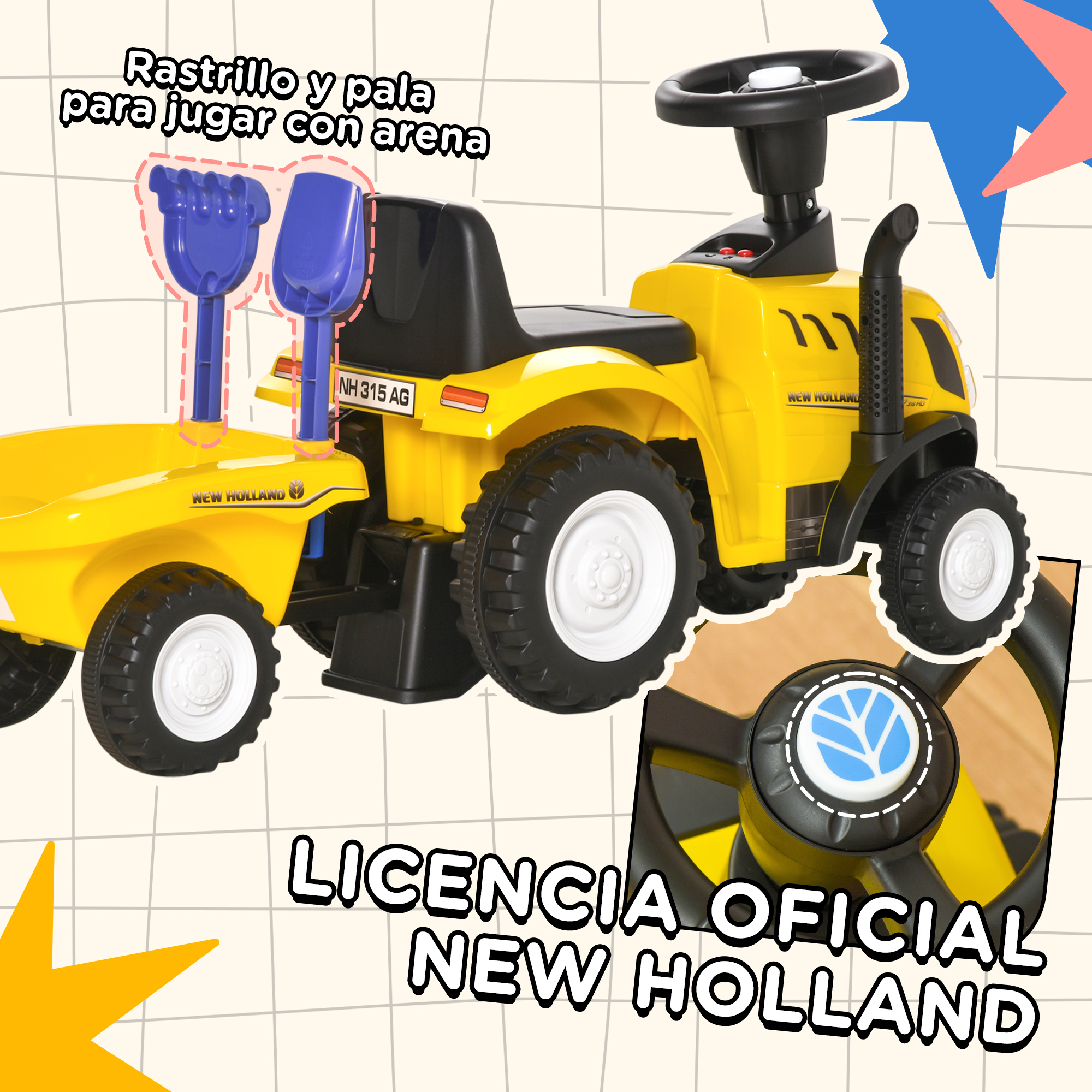 Un tractor de juguete New Holland amarillo con rastrillo y pala azules. Tiene ruedas y volante negros.