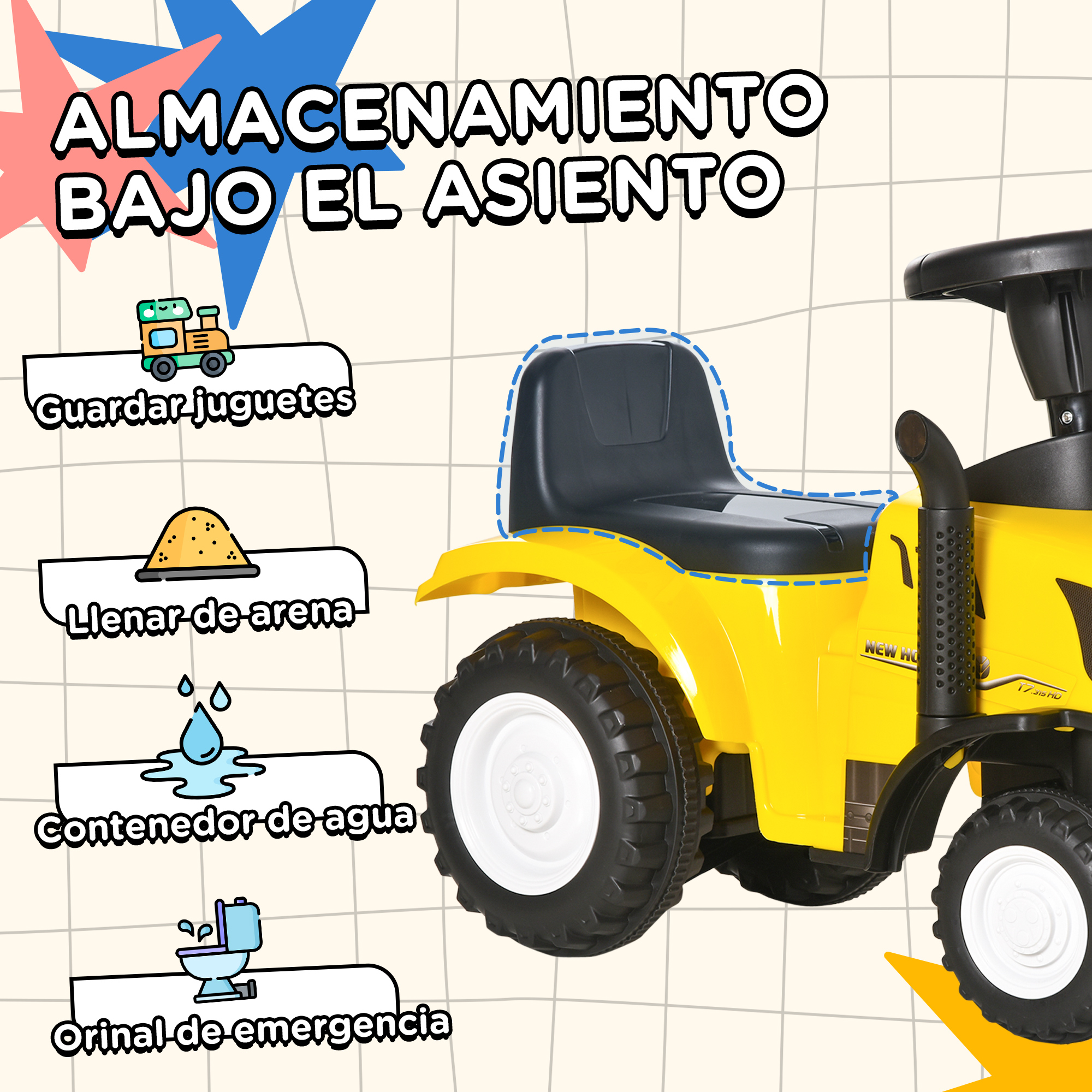 Tractor de juguete amarillo con asiento negro. Texto en español indica almacenamiento bajo el asiento para juguetes, arena, agua y orinal de emergencia.