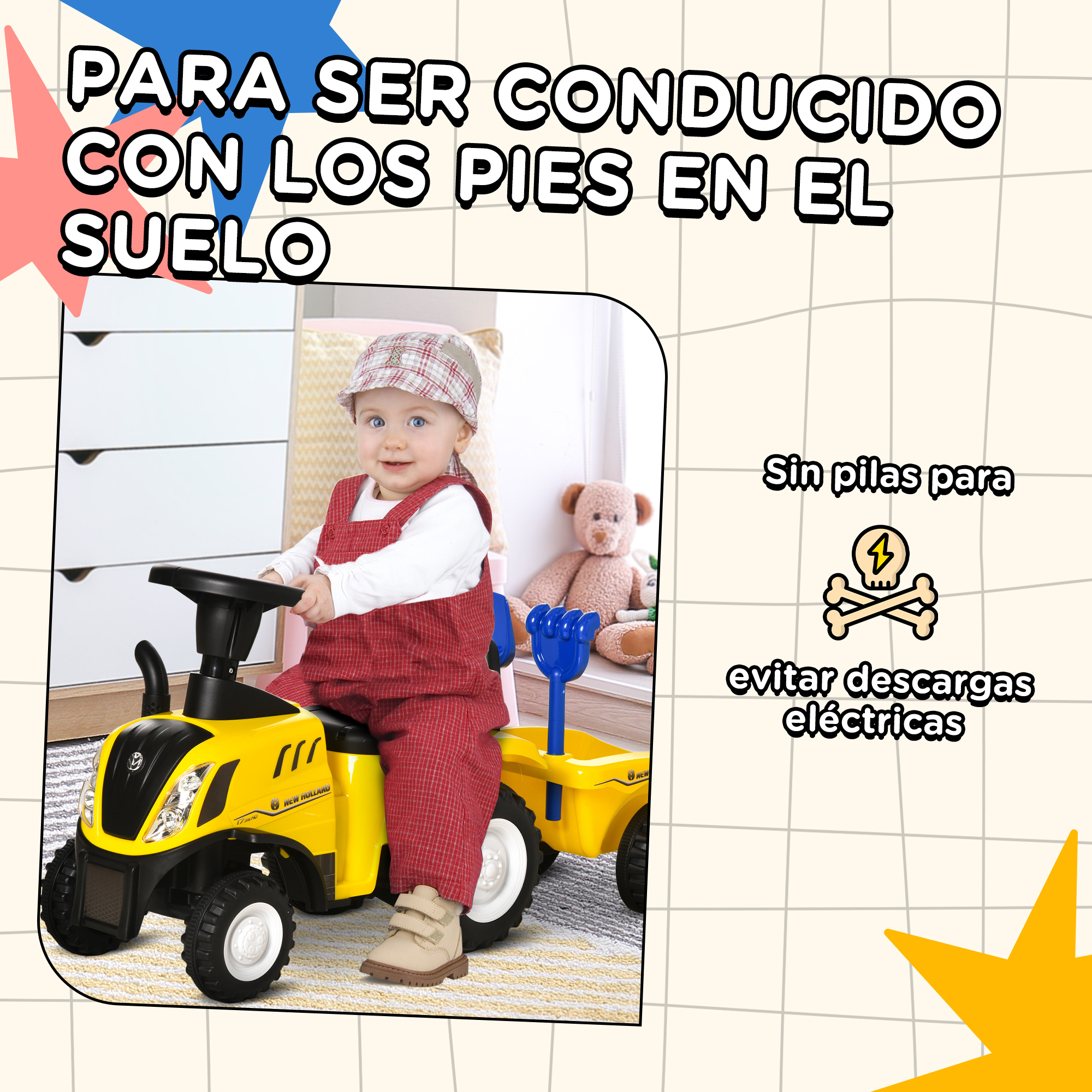Un niño pequeño está sentado en un tractor de juguete amarillo. El texto dice: 'Para ser conducido con los pies en el suelo'.