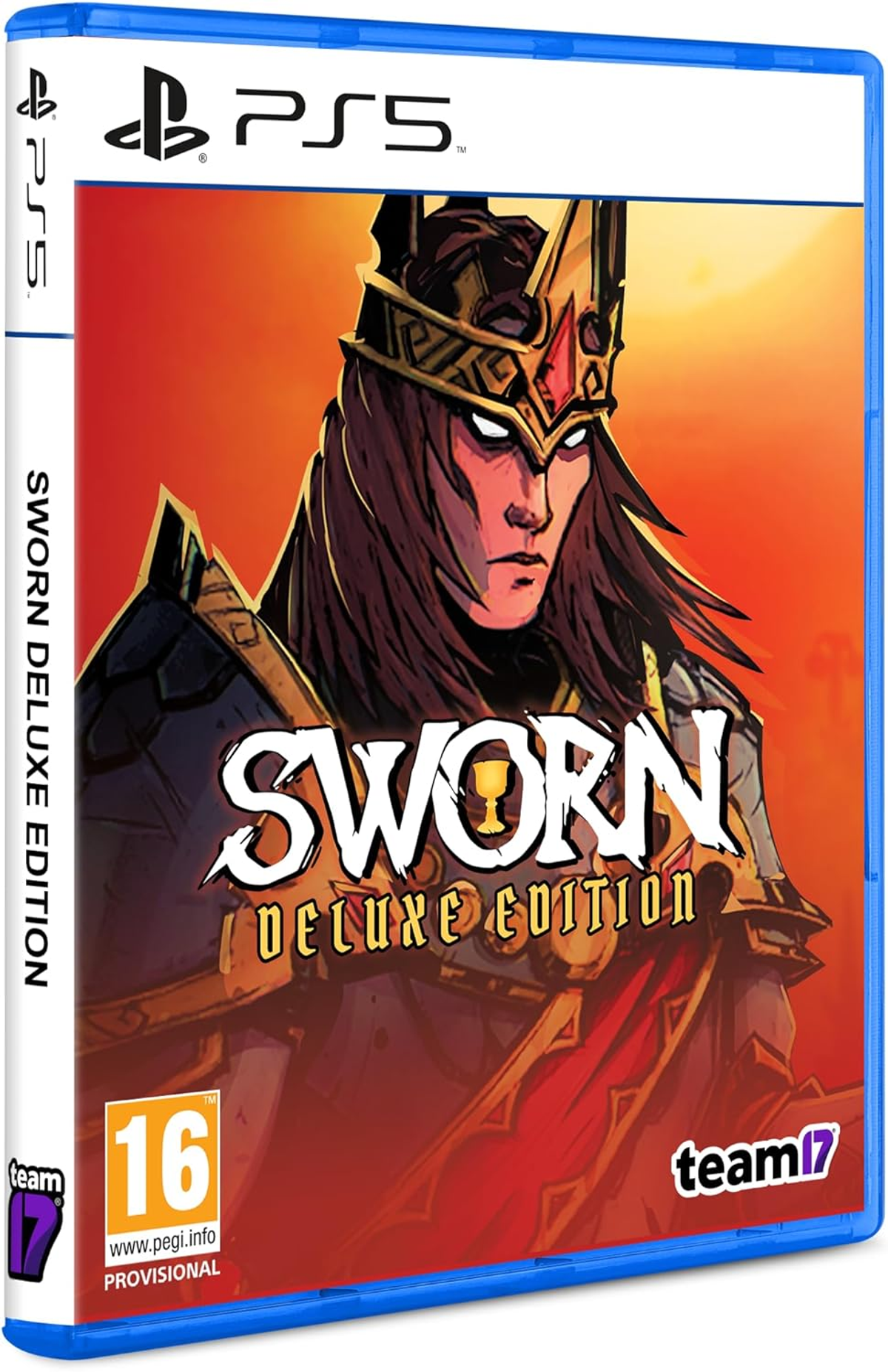 Caja del juego PS5 "SWORN DELUXE EDITION". Presenta un guerrero coronado sobre un fondo rojo y naranja.