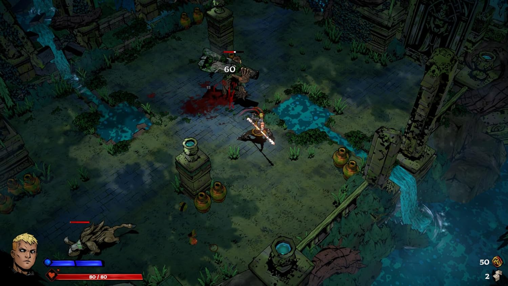 Una vista desde arriba de una escena de juego muestra a un personaje luchando contra un monstruo. Ruinas, agua y ollas están en el entorno.