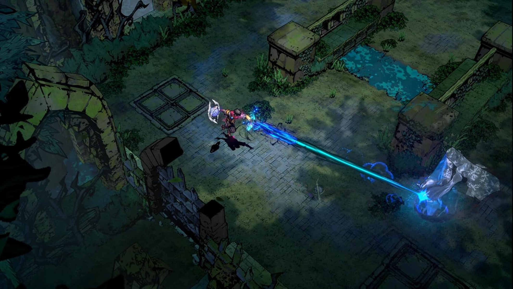 Un personaje en combate, disparando un rayo de energía azul. La escena es un entorno oscuro y cubierto de maleza con estructuras de piedra.