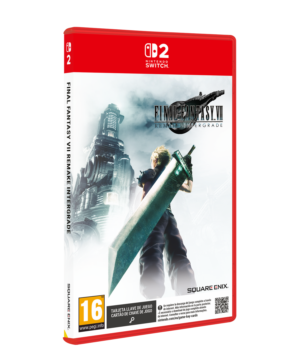 Pudełko gry Final Fantasy VII Remake Intergrade na Nintendo Switch. Zawiera Clouda z mieczem, tytuł gry i ocenę.