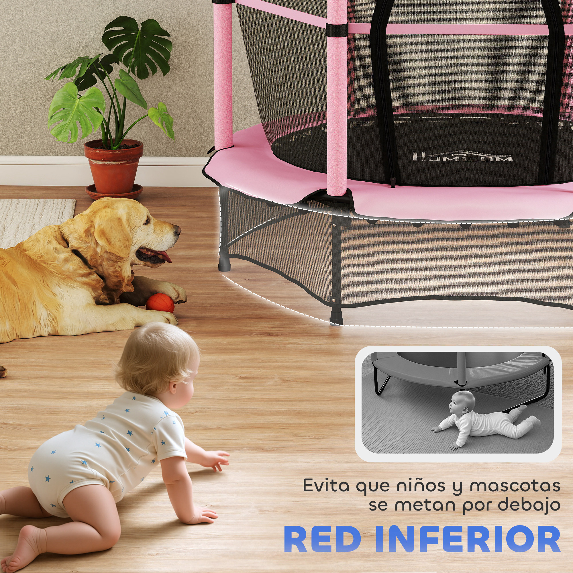 Un bebé se arrastra hacia un trampolín rosa mientras un perro yace cerca. Una planta está en el fondo.