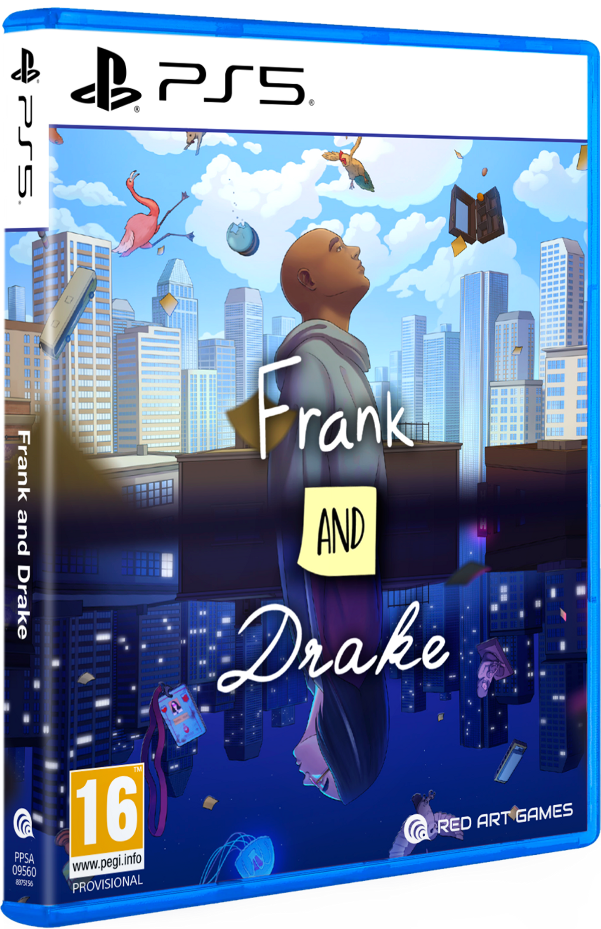 Okładka gry: mężczyzna patrzy w górę na miasto z unoszącymi się obiektami. Tytuł: Frank and Drake. Zawiera logo PS5 i ocenę wiekową 16.