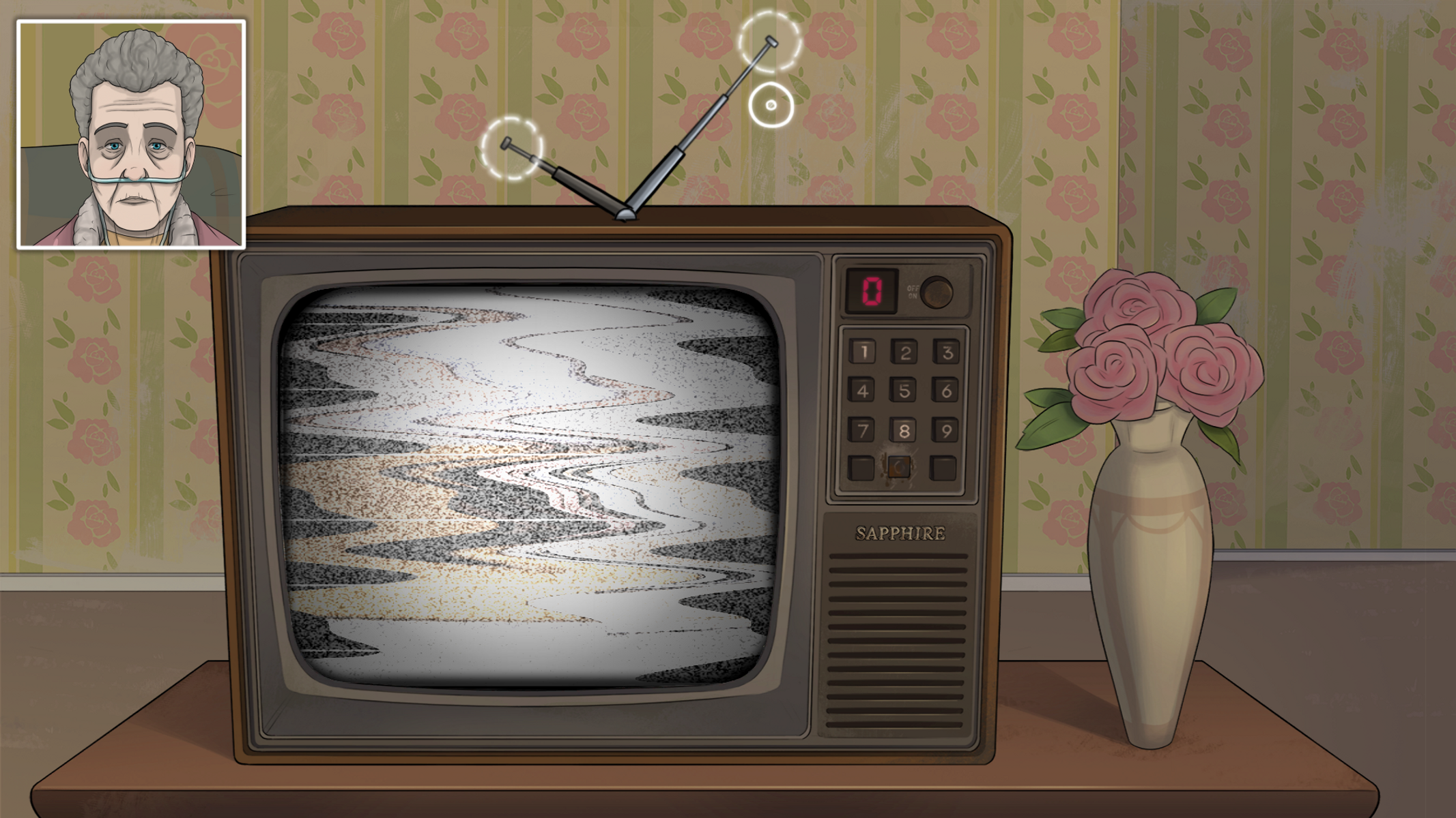 Telewizor retro wyświetla statyczny obraz. Oprawiona starsza osoba z rurką tlenową. Różowe róże w wazonie. Kwiatowa tapeta.