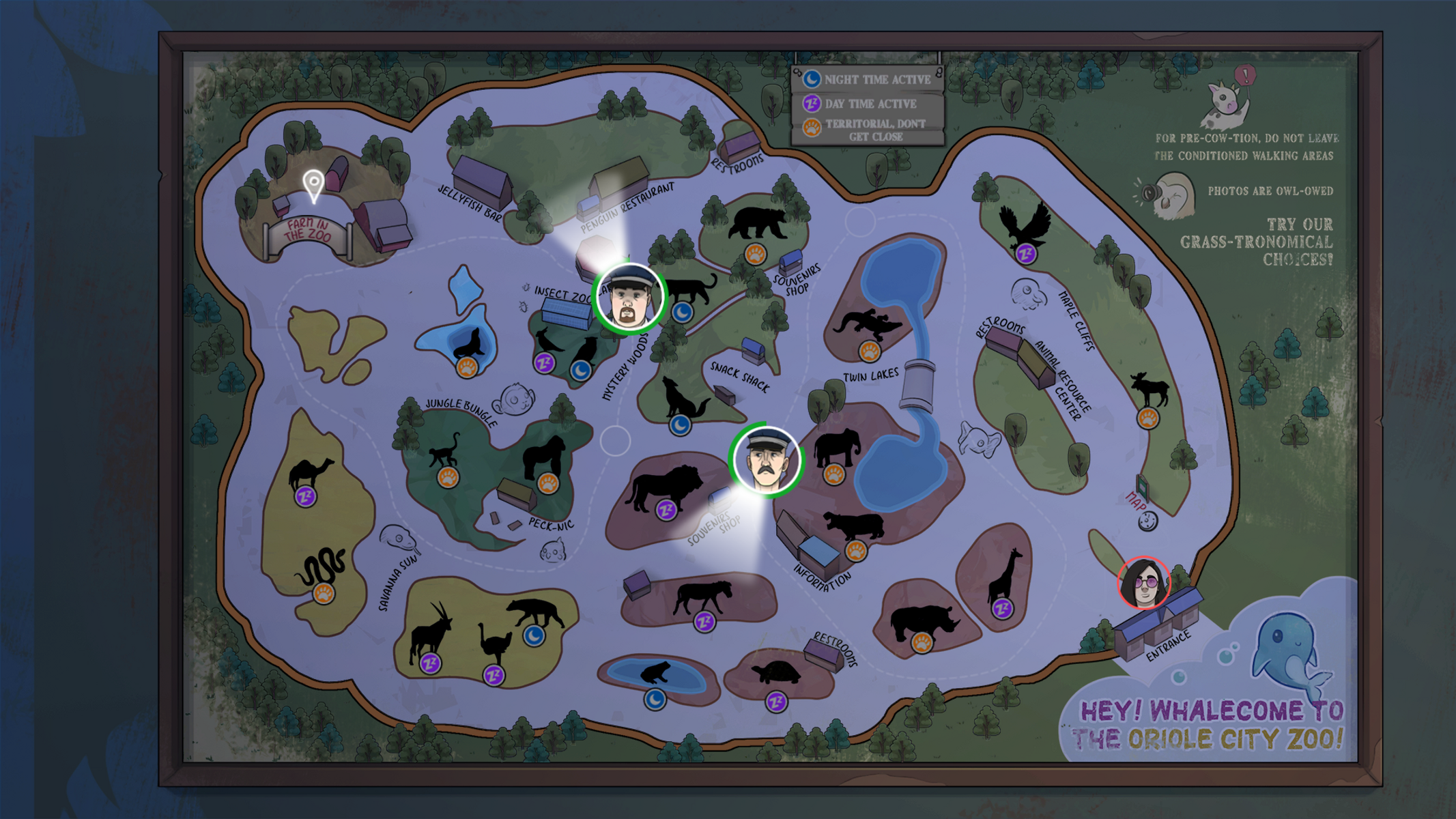 Mapa zoo z ikonami zwierząt, atrakcjami i wyróżnionymi obszarami. Zawiera tekst i ilustracje z kreskówek.