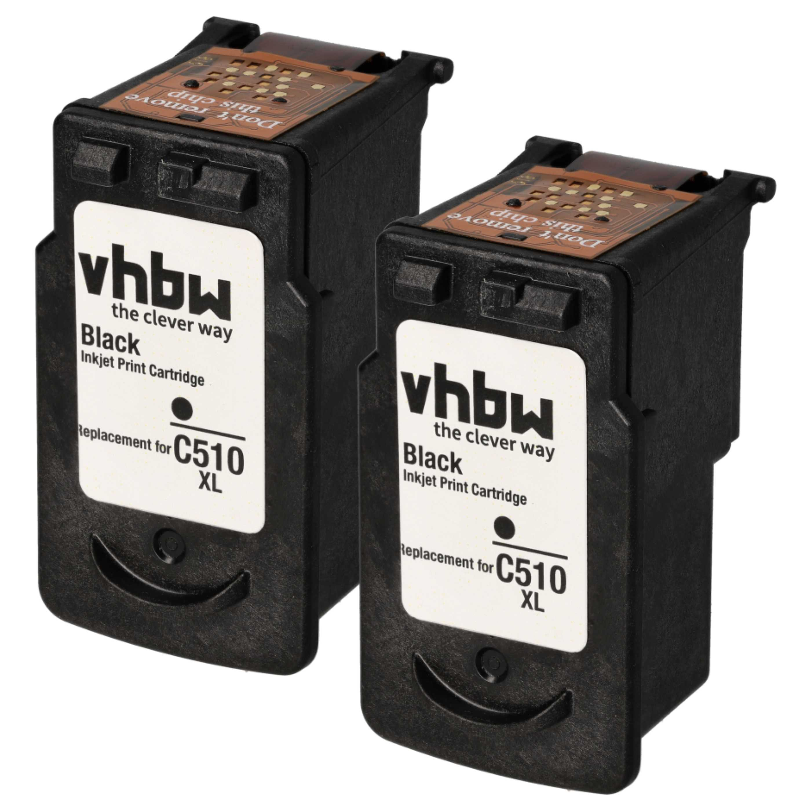 Zwei schwarze Tintenpatronen. Jede hat ein Etikett mit der Aufschrift 'vhbw Black Inkjet Print Cartridge' und 'C510 XL'.