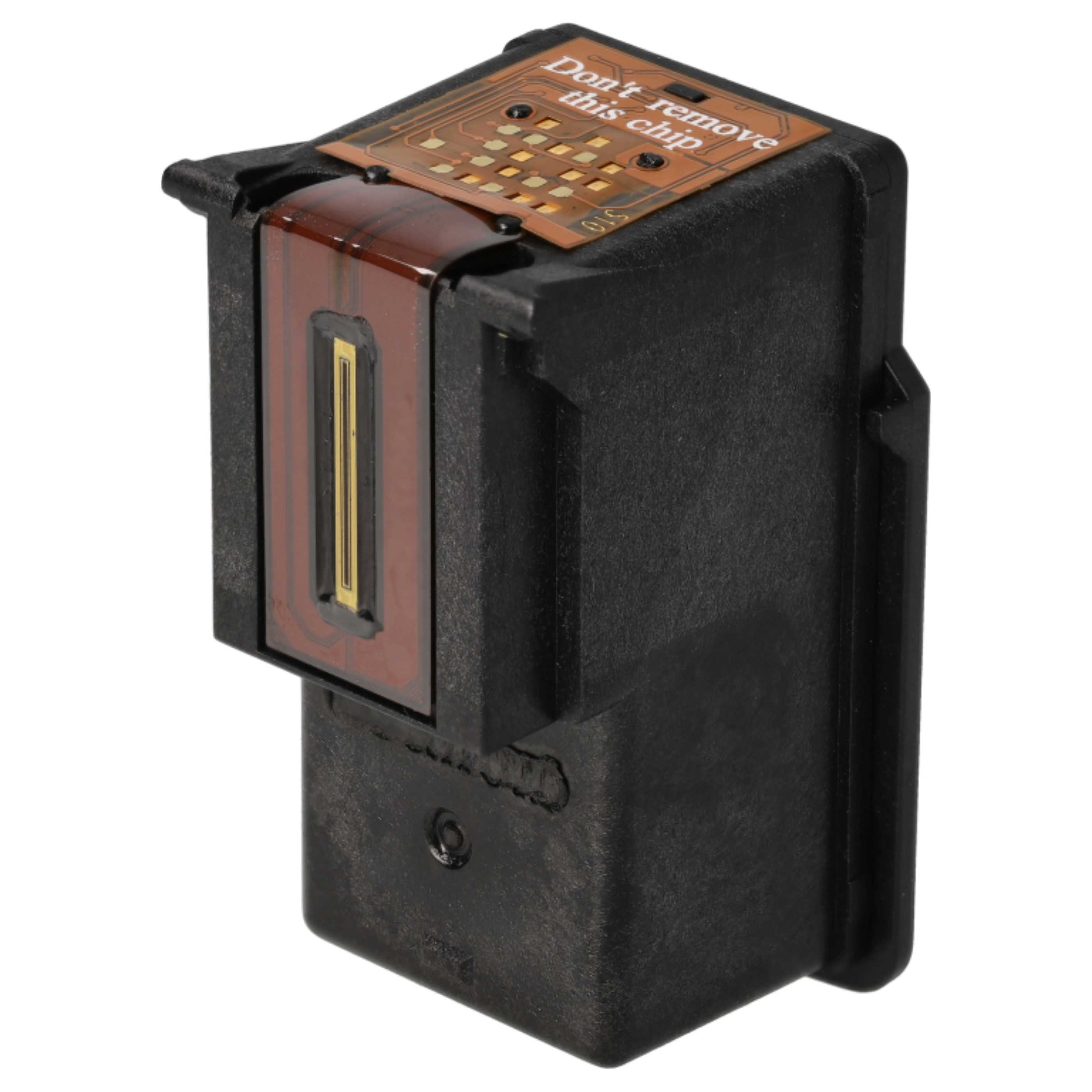 Eine schwarze Tintenpatrone mit braunem und goldenem Druckkopf. Oben befindet sich eine Leiterplatte mit der Aufschrift 'Don't remove this chip'.