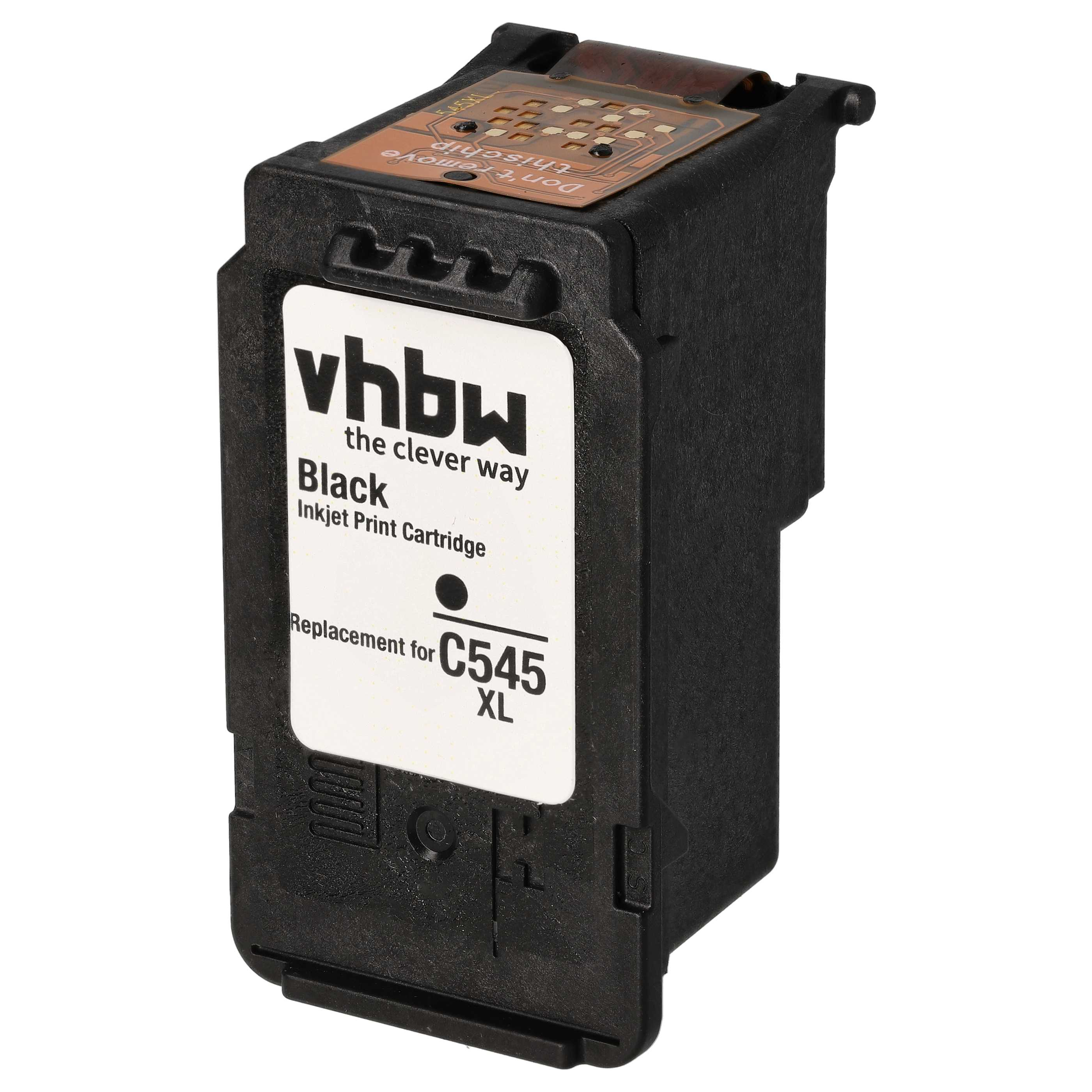 Eine schwarze Tintenstrahldruckpatrone mit der Aufschrift vhbw, Ersatz für C545 XL. Sie hat einen Chip oben und den Text 'Don't remove this chip'.
