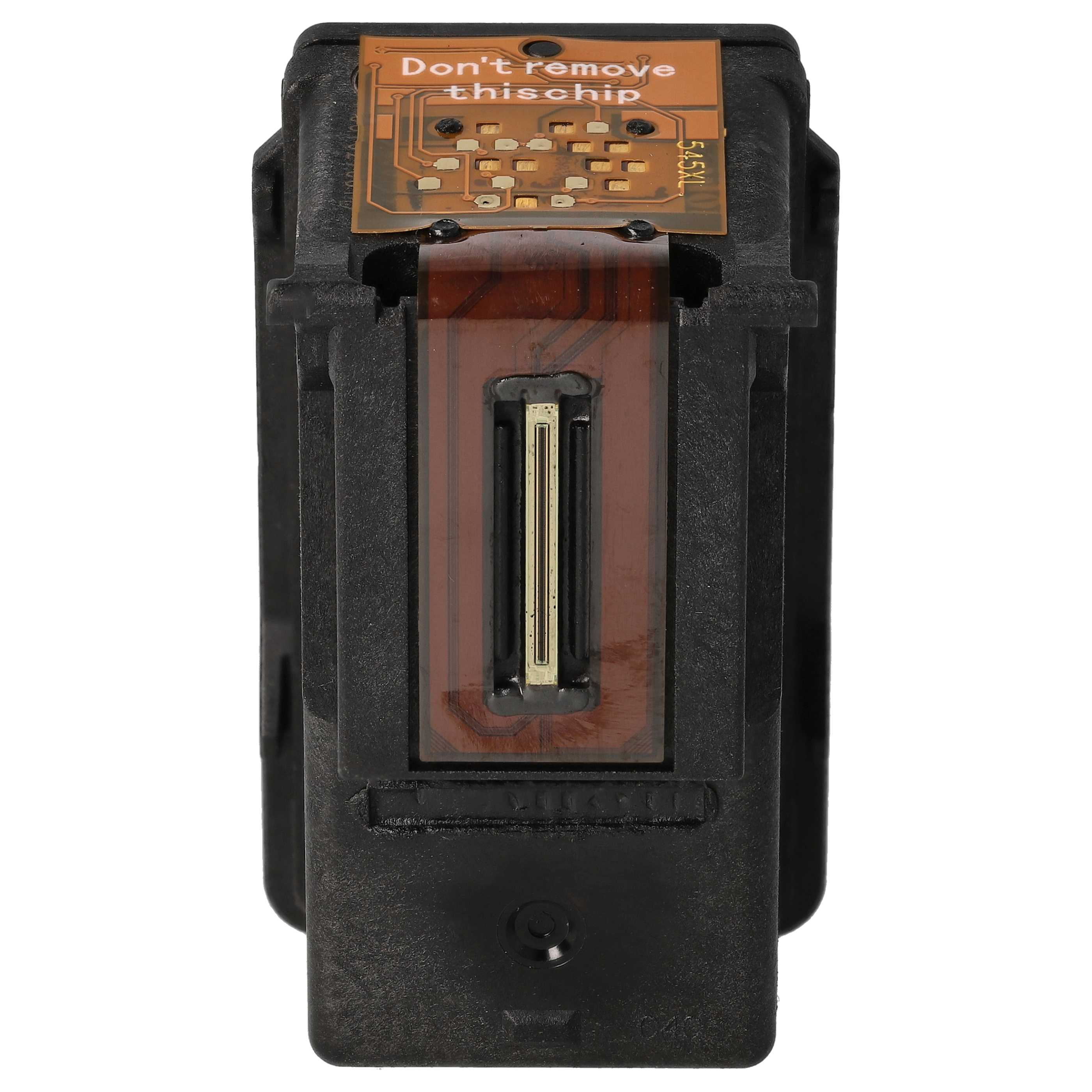 Nahaufnahme einer schwarzen Tintenpatrone. Sie hat eine braune Leiterplatte mit der Aufschrift 'Don't remove this chip'. Die Patrone ist leer.