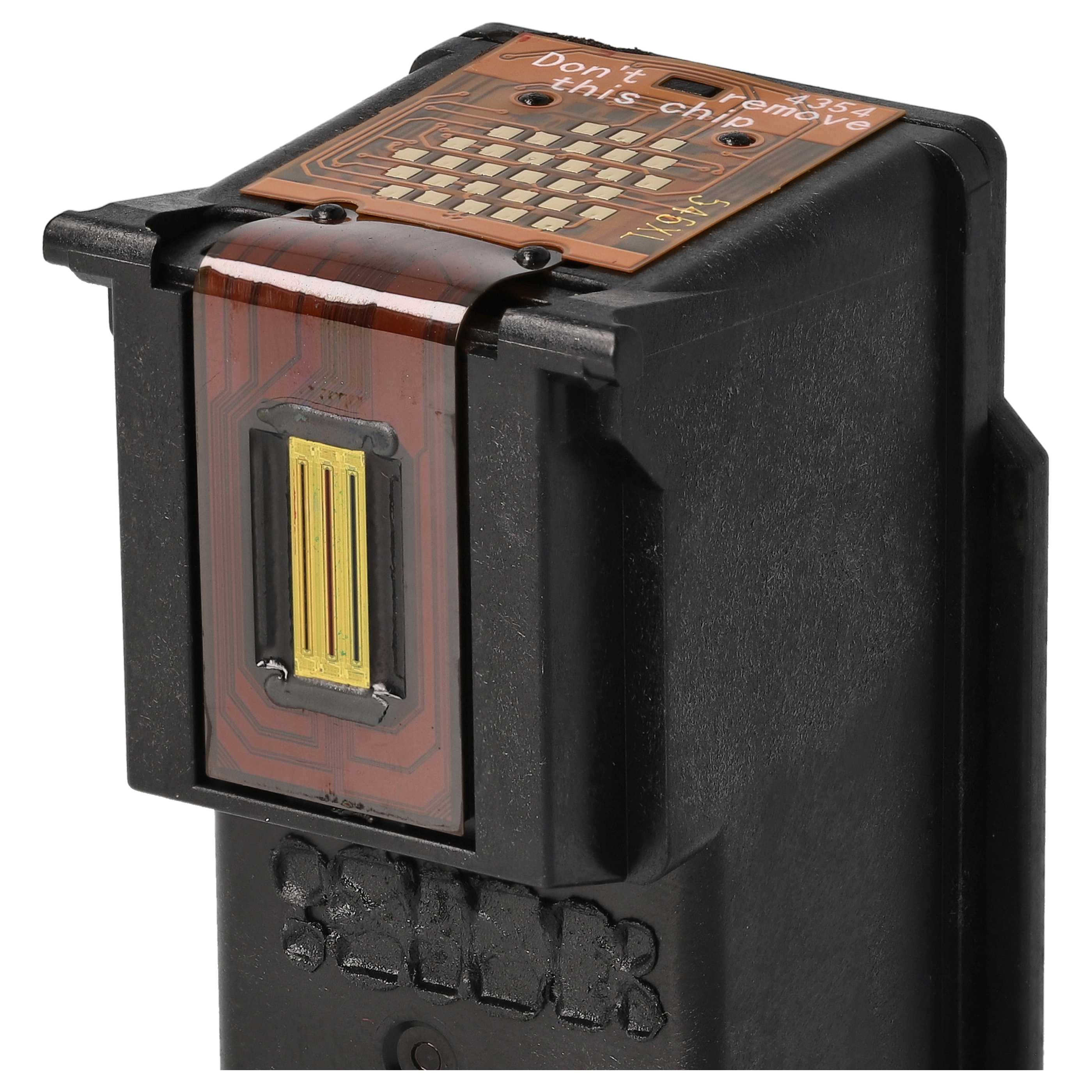 Nahaufnahme einer schwarzen Tintenpatrone. Sie hat braune und goldene Komponenten und den Text „Don't remove this chip“.