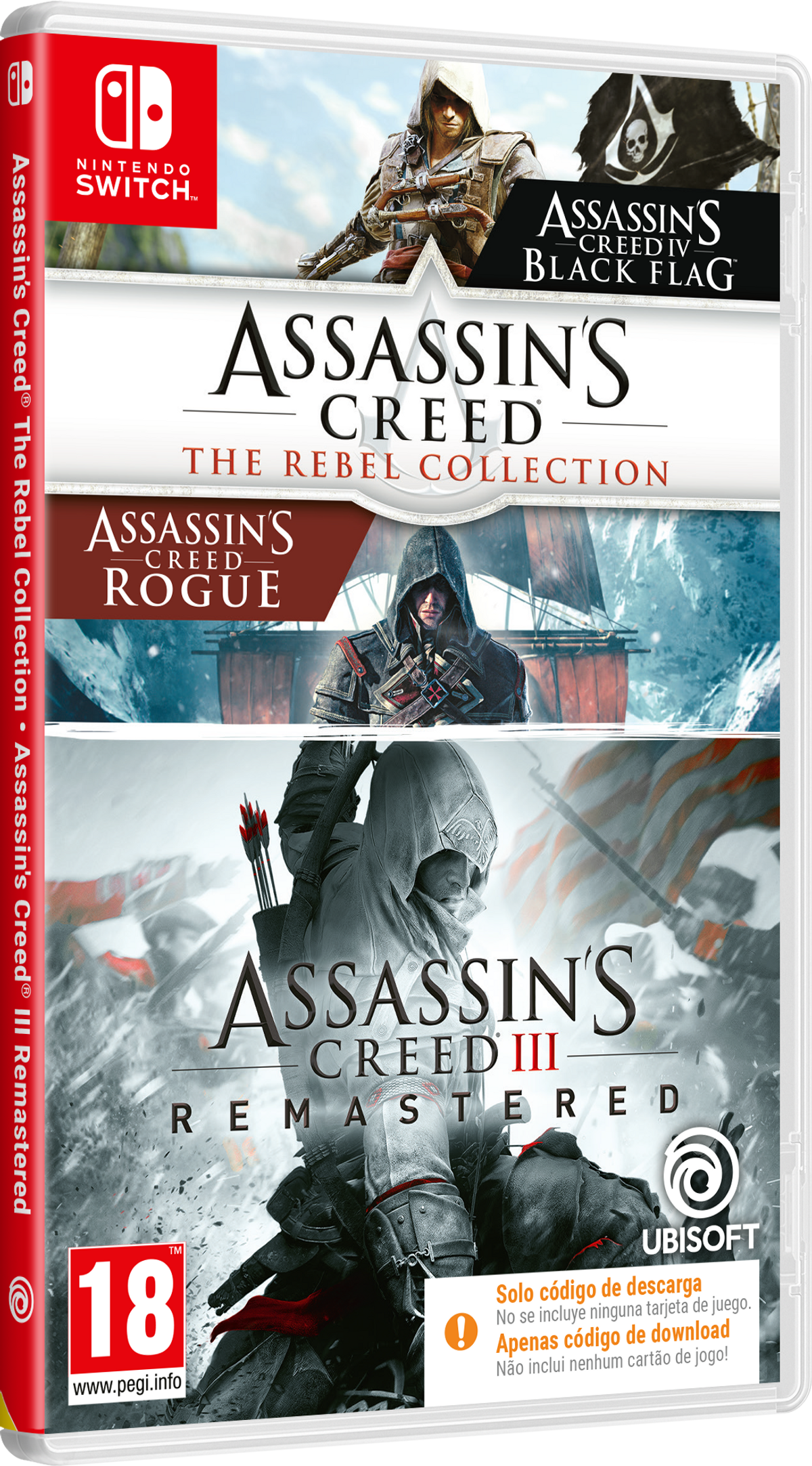 Pudełko z grą Assassin's Creed: The Rebel Collection. Zawiera okładki i loga gier, w tym Black Flag i Rogue.
