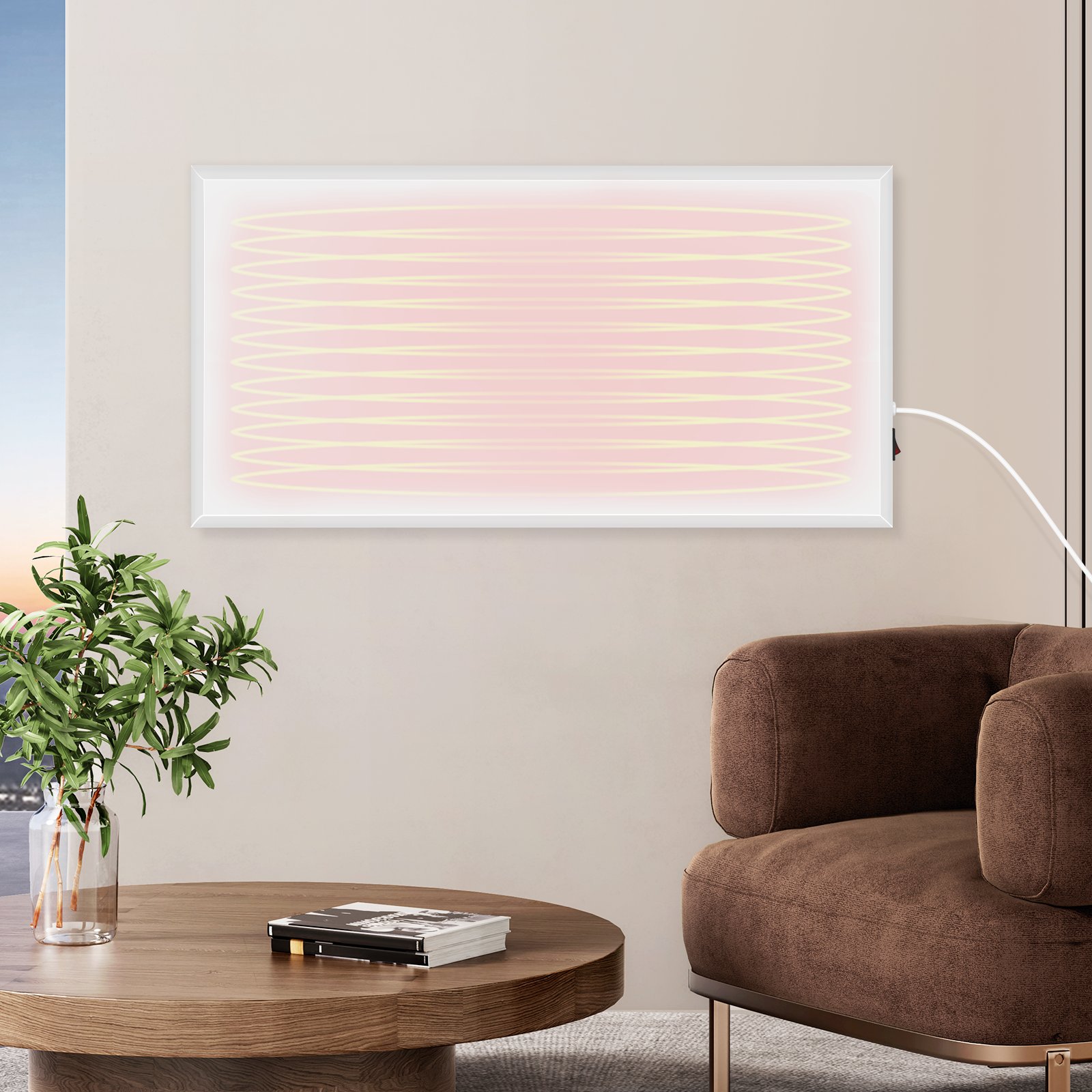 Ein modernes Wohnzimmer mit einer pink-gelb beleuchteten Tafel, einem braunen Sessel und einem Holztisch.