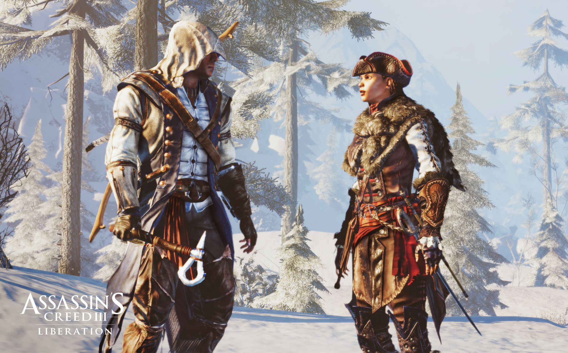 Dwie postacie z Assassin's Creed Liberation w zaśnieżonym lesie. Jeden ma kaptur, drugi płaszcz z futrzaną podszewką.