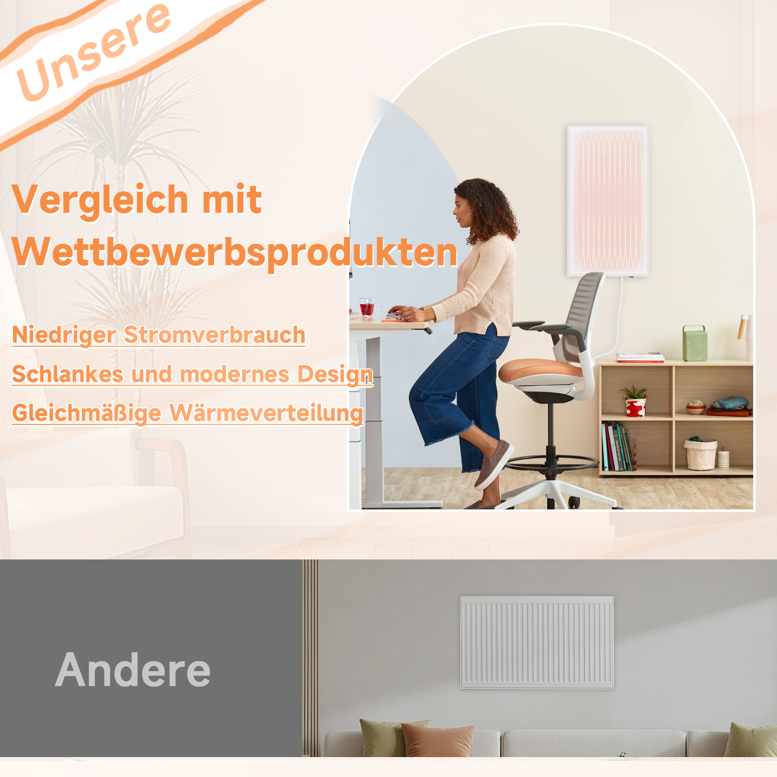 Eine Frau arbeitet an einem Schreibtisch. Ein weißer Heizkörper befindet sich an der Wand. Das Bild wirbt für 'Vergleich mit Wettbewerbern'.