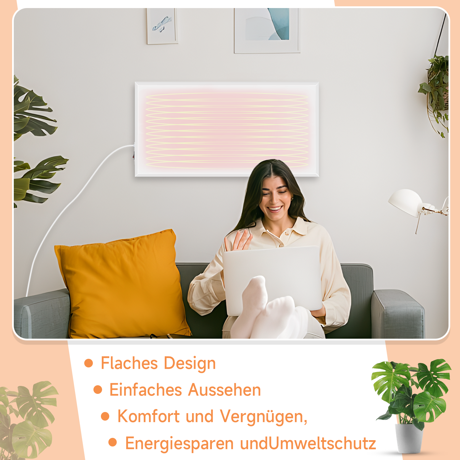 Eine Frau sitzt auf einem Sofa und benutzt einen Laptop. An der Wand befindet sich ein leuchtendes Panel. Es gibt ein gelbes Kissen und eine Pflanze.