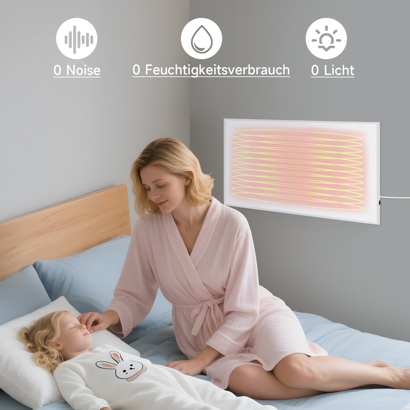 Eine Frau im Morgenmantel berührt ein schlafendes Kind. An der Wand befindet sich ein Heizpaneel. Text zeigt Geräusch, Feuchtigkeit und Licht.