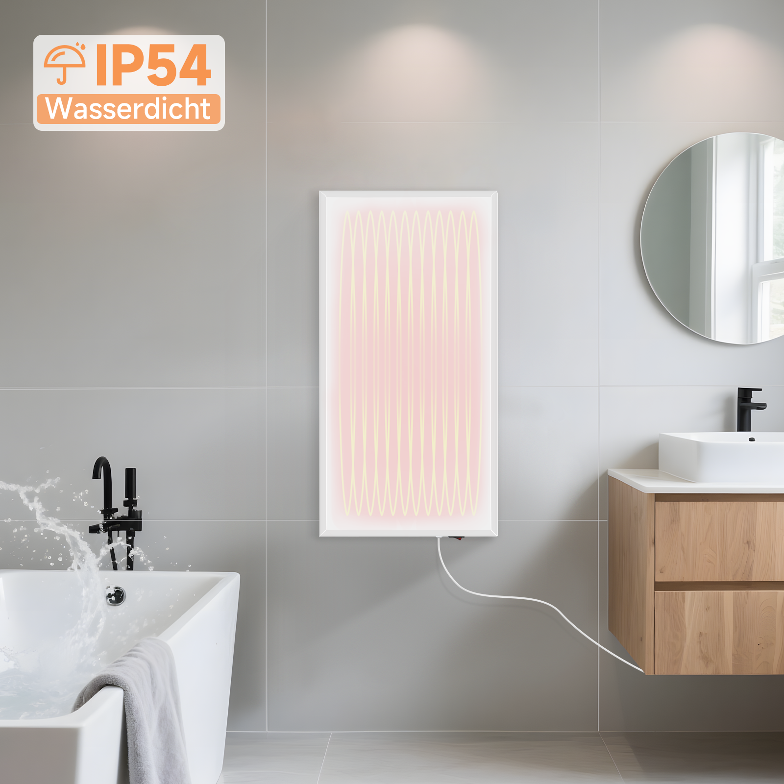 Badezimmer mit Heizpaneel, Badewanne mit Wasserspritzern, Waschbecken und Spiegel. Graue Fliesen und ein Produktetikett sind vorhanden.