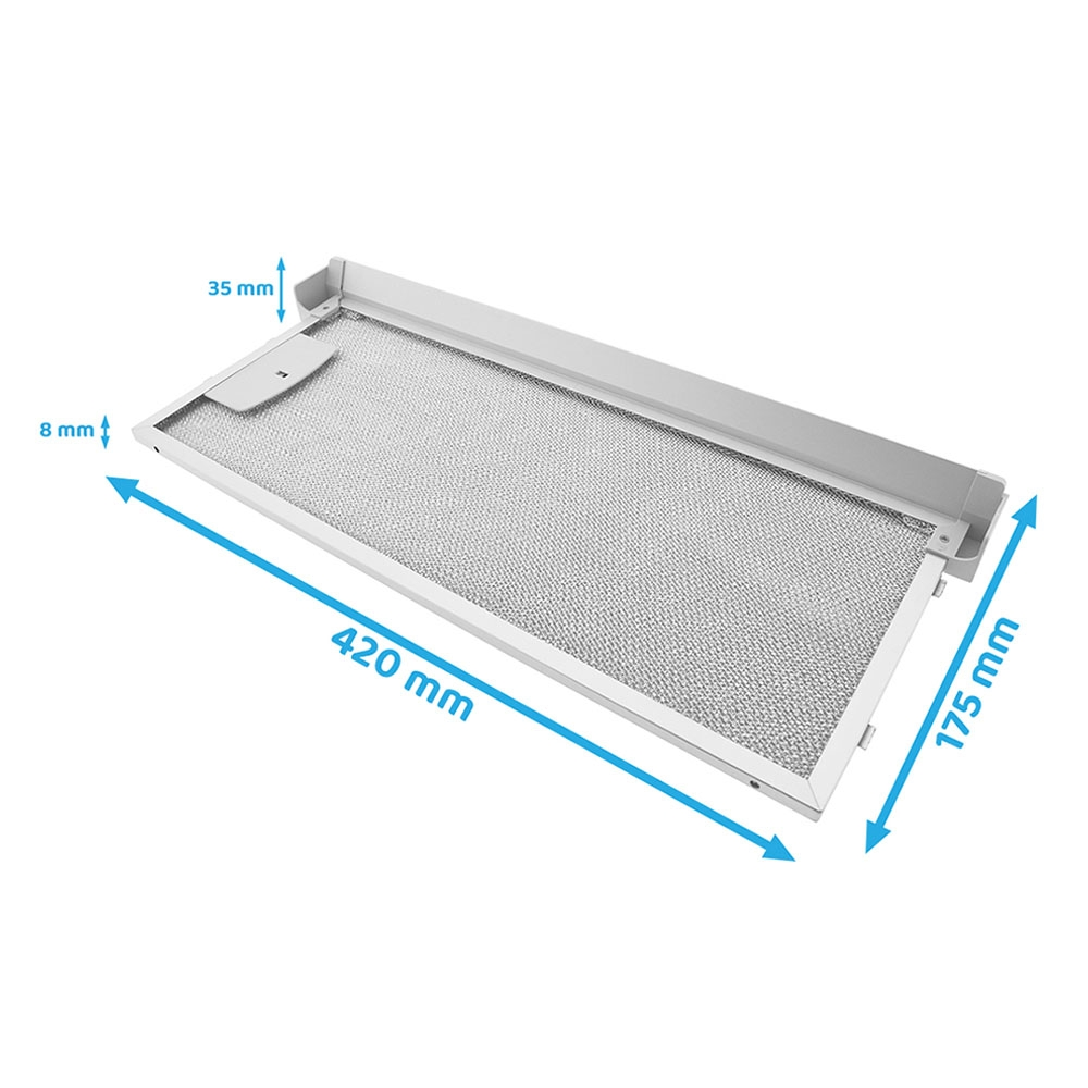 Un filtro rettangolare in metallo per cappa con dimensioni. 420 mm di lunghezza, 175 mm di larghezza e 35 mm e 8 mm di profondità.