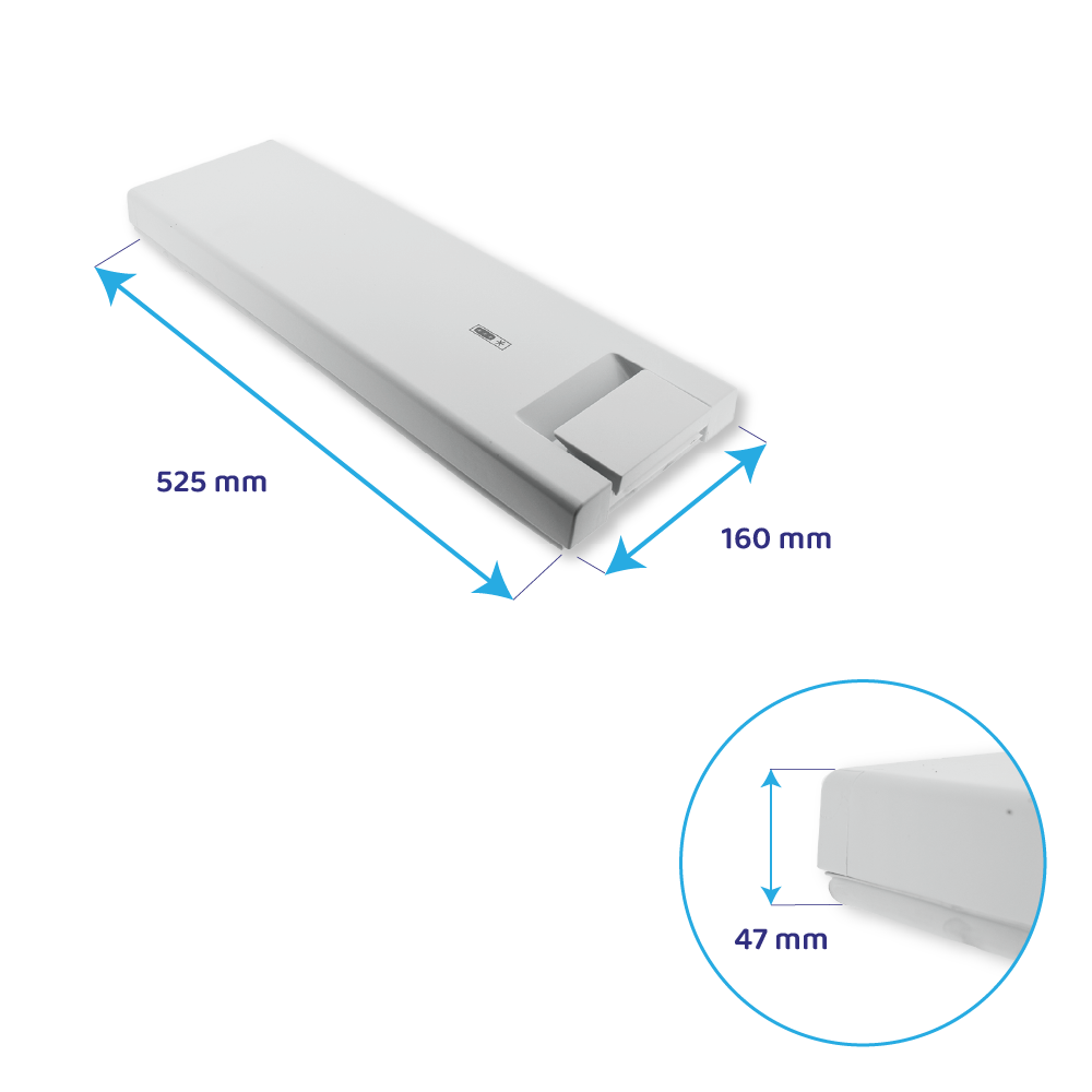 Weißes rechteckiges Objekt mit den Maßen: 525 mm x 160 mm x 47 mm. Ein kleinerer rechteckiger Teil ist sichtbar. Maße werden durch blaue Pfeile angezeigt.