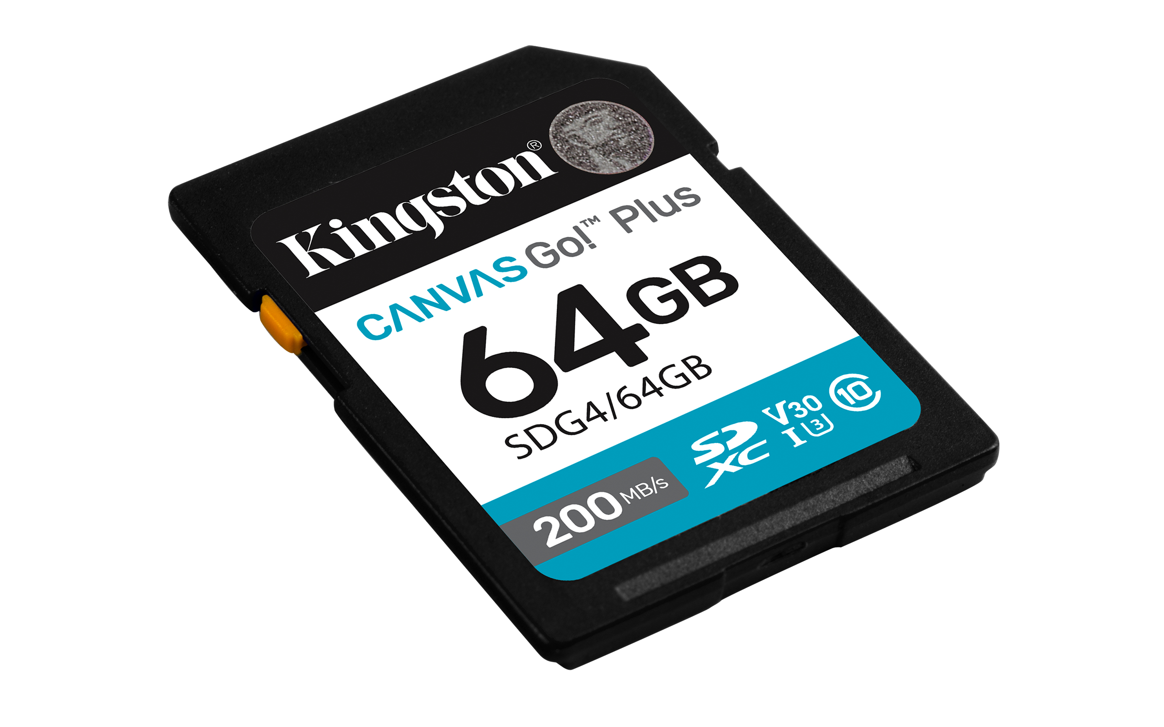 Czarna karta SD Kingston 64GB. Ma biały i turkusowy tekst, w tym "CANVAS Go! Plus" i "200 MB/s".