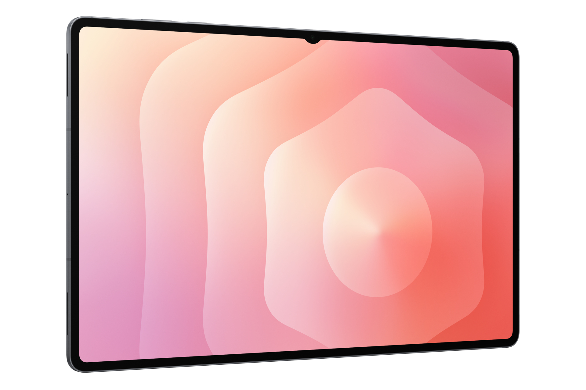 Un tablet con uno sfondo astratto colorato. Lo schermo mostra una sfumatura di forme rosa e arancioni, con un bordo nero.