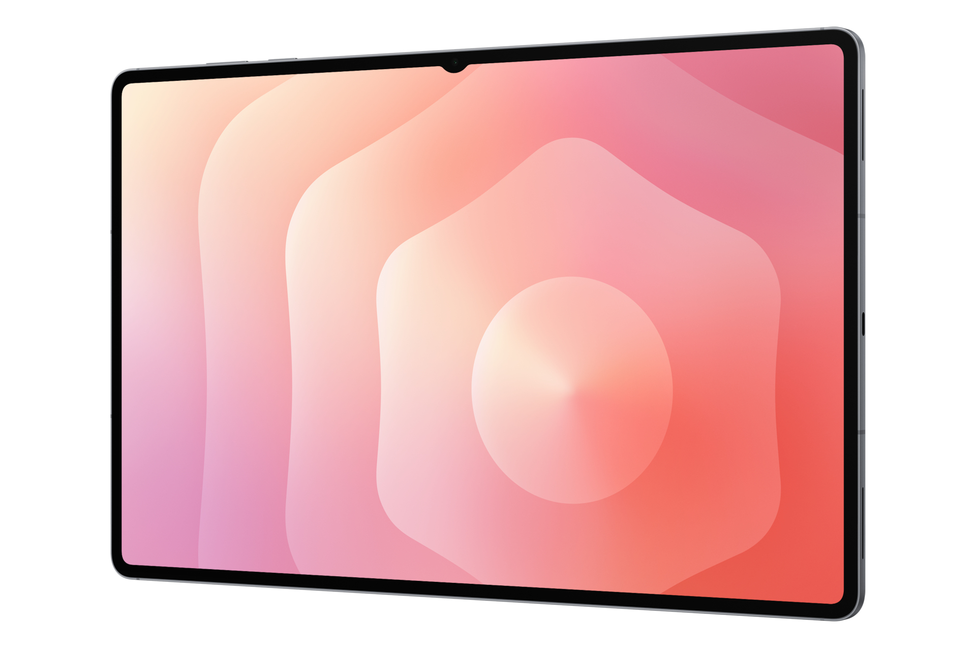 Un tablet con display sfumato colorato. Lo schermo mostra un design astratto rosa, arancione e bianco.