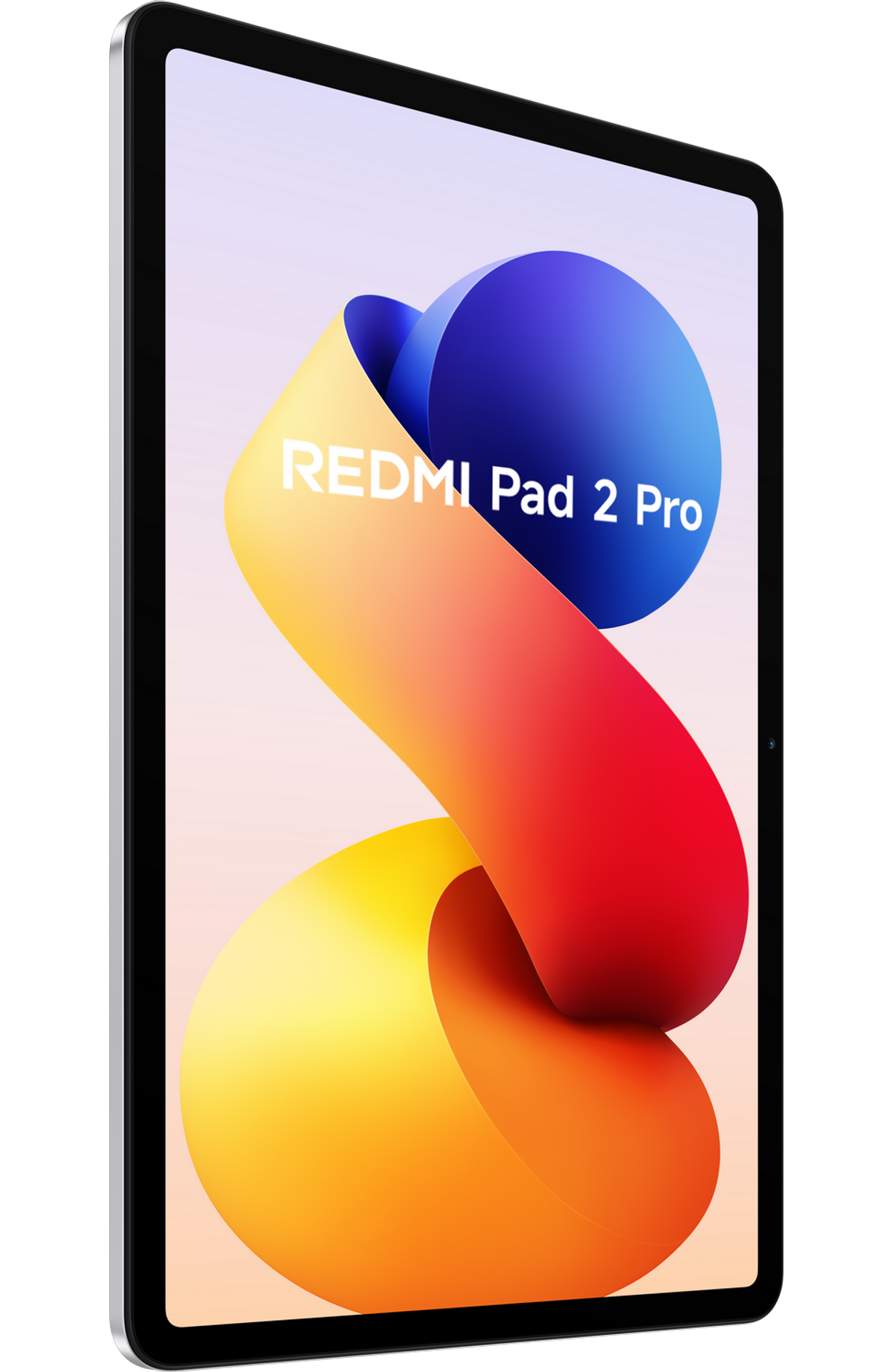 Tablet z kolorowym designem na ekranie, wyświetla tekst 'REDMI Pad 2 Pro'. Tablet ma srebrną ramkę i czarne tło.