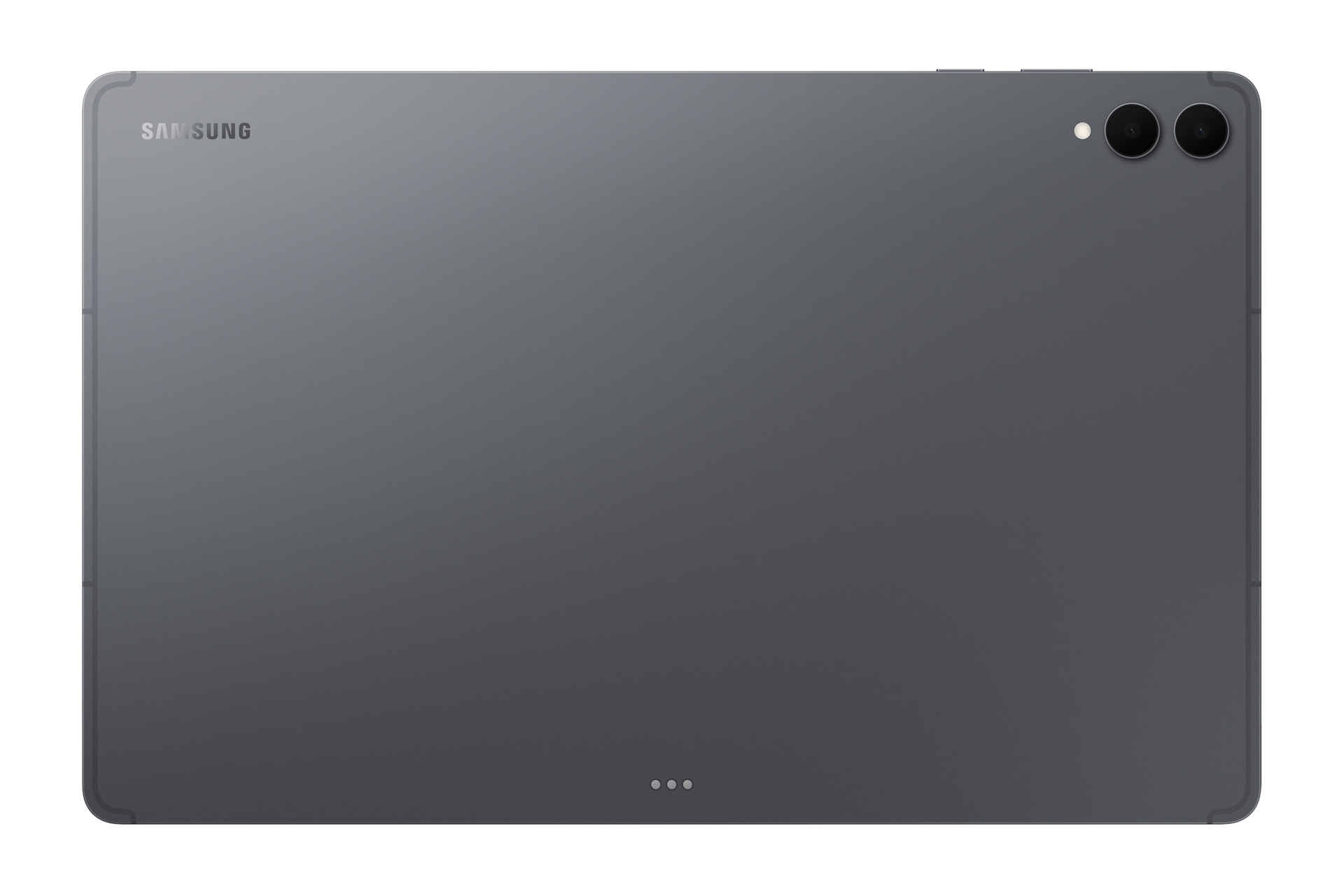 Retro di un tablet Samsung grigio. Caratteristiche: fotocamera, logo Samsung e tre puntini in basso.