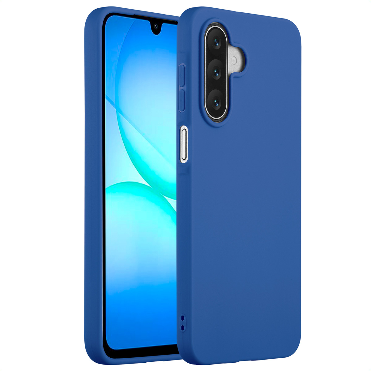 Een blauwe telefoonhoes met een telefoon erin. De telefoon heeft een scherm met een wazig, abstract ontwerp. De hoes heeft camera gaten.
