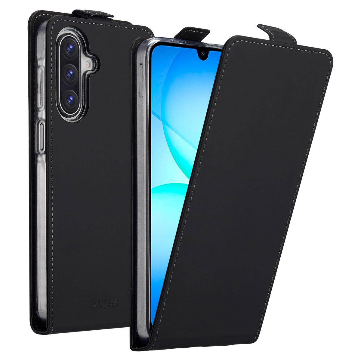 Étui de téléphone noir avec rabat. L'écran du téléphone est visible. L'étui a des coutures et une languette pour l'ouverture.
