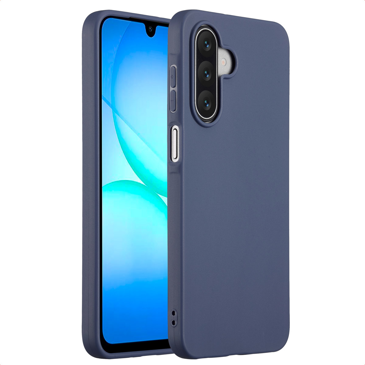 Een marineblauwe telefoonhoes met een telefoon erin, die het scherm laat zien. De hoes heeft uitsparingen voor de camera en knoppen, tegen een witte achtergrond.