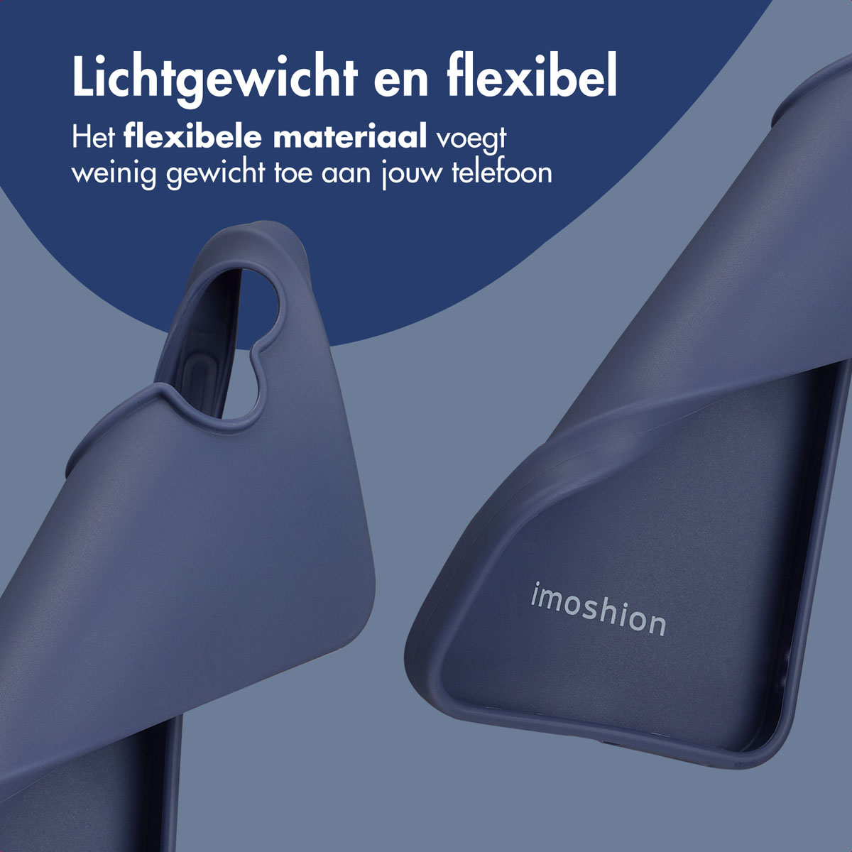 Blauwe telefoonhoesfragmenten met de tekst 'imoshion' en Nederlandse tekst erboven. De achtergrond is een blauwe gradiënt.