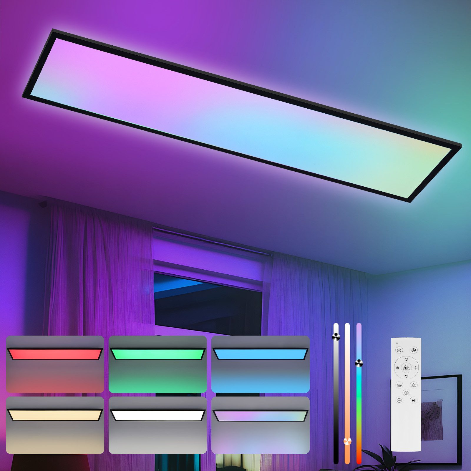 Una plafoniera con cornice nera, che emette una sfumatura di colori. Un telecomando e cursori colore sono in basso.