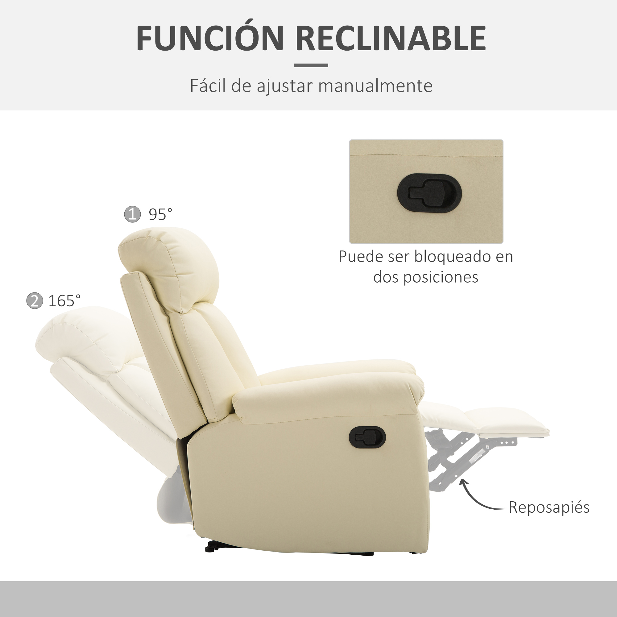 Sillón reclinable crema en dos posiciones, con reposapiés extendido. El texto indica la función reclinable y el ajuste manual.