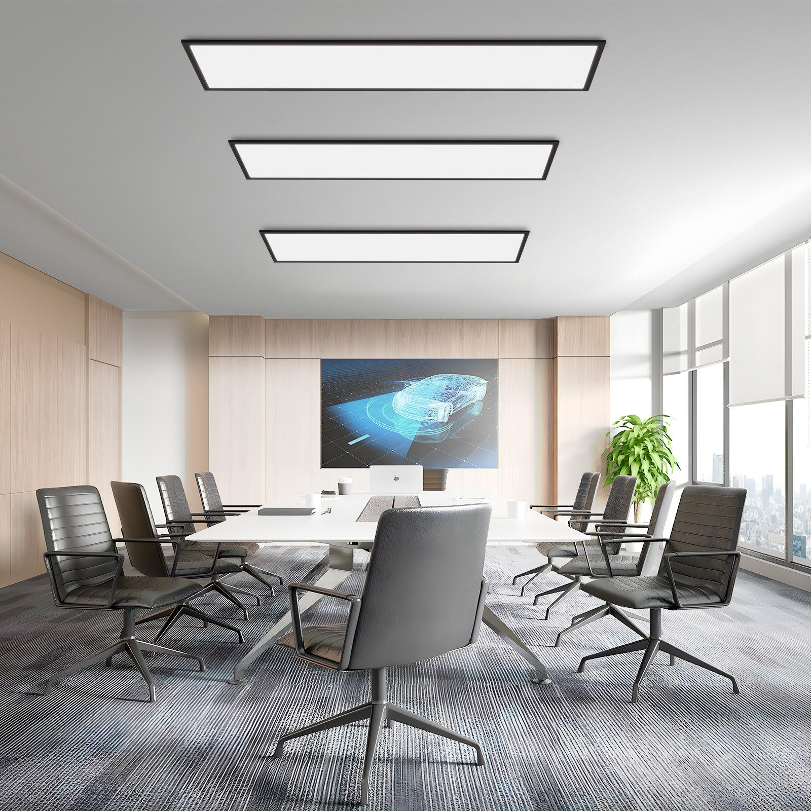 Una sala riunioni moderna. Tavolo bianco e sedie grigie disposte. Uno schermo mostra un diagramma di un'auto. Luci luminose sul soffitto.