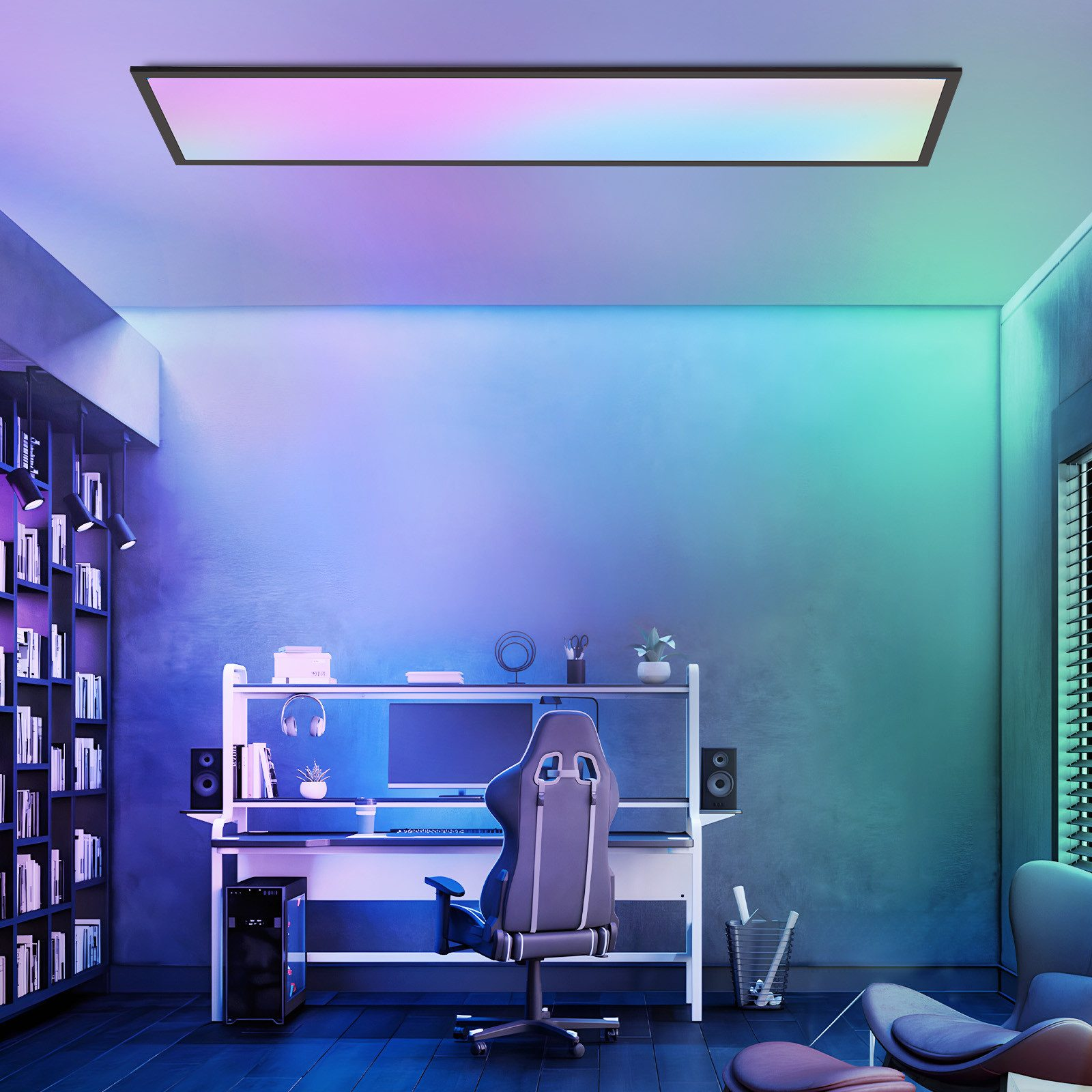 Una sala giochi con scrivania, computer, sedia e libreria. L'illuminazione è vivace con tonalità colorate.