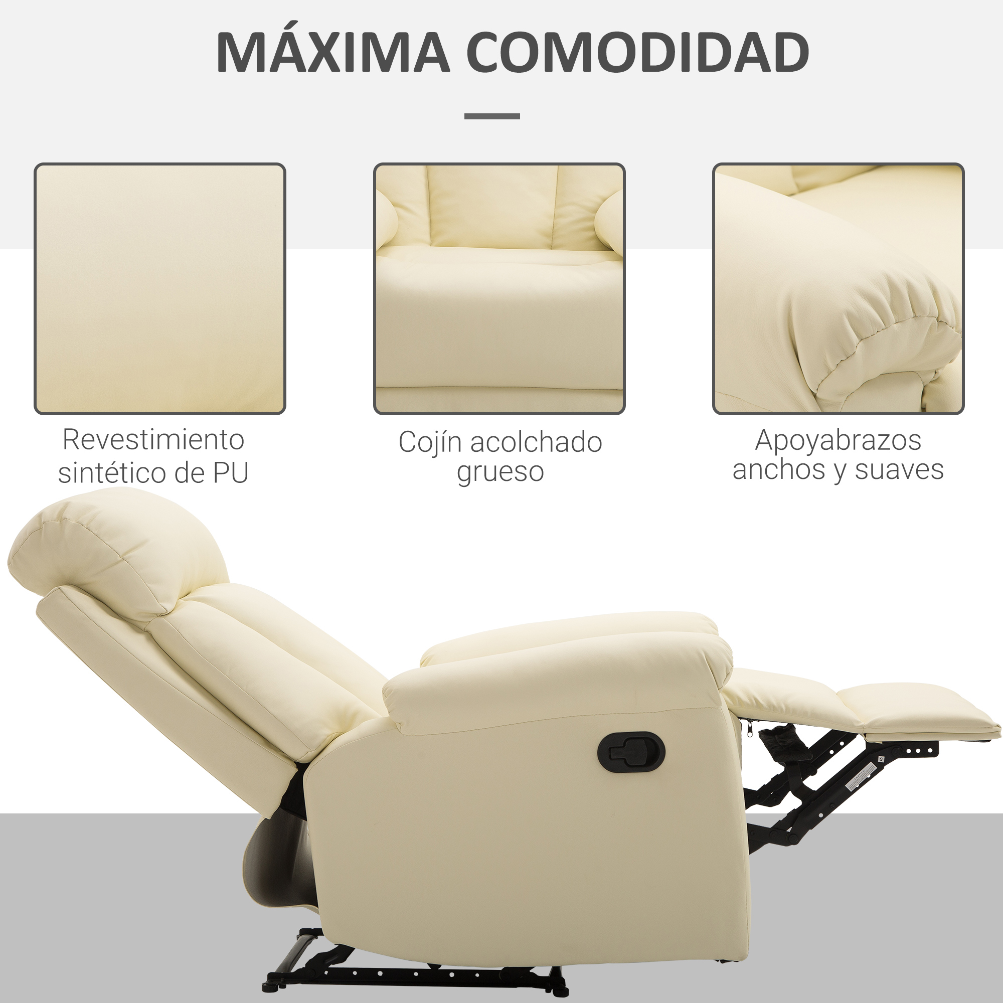 Sillón reclinable color crema con detalles de revestimiento sintético PU, cojín grueso acolchado y reposabrazos anchos y suaves.