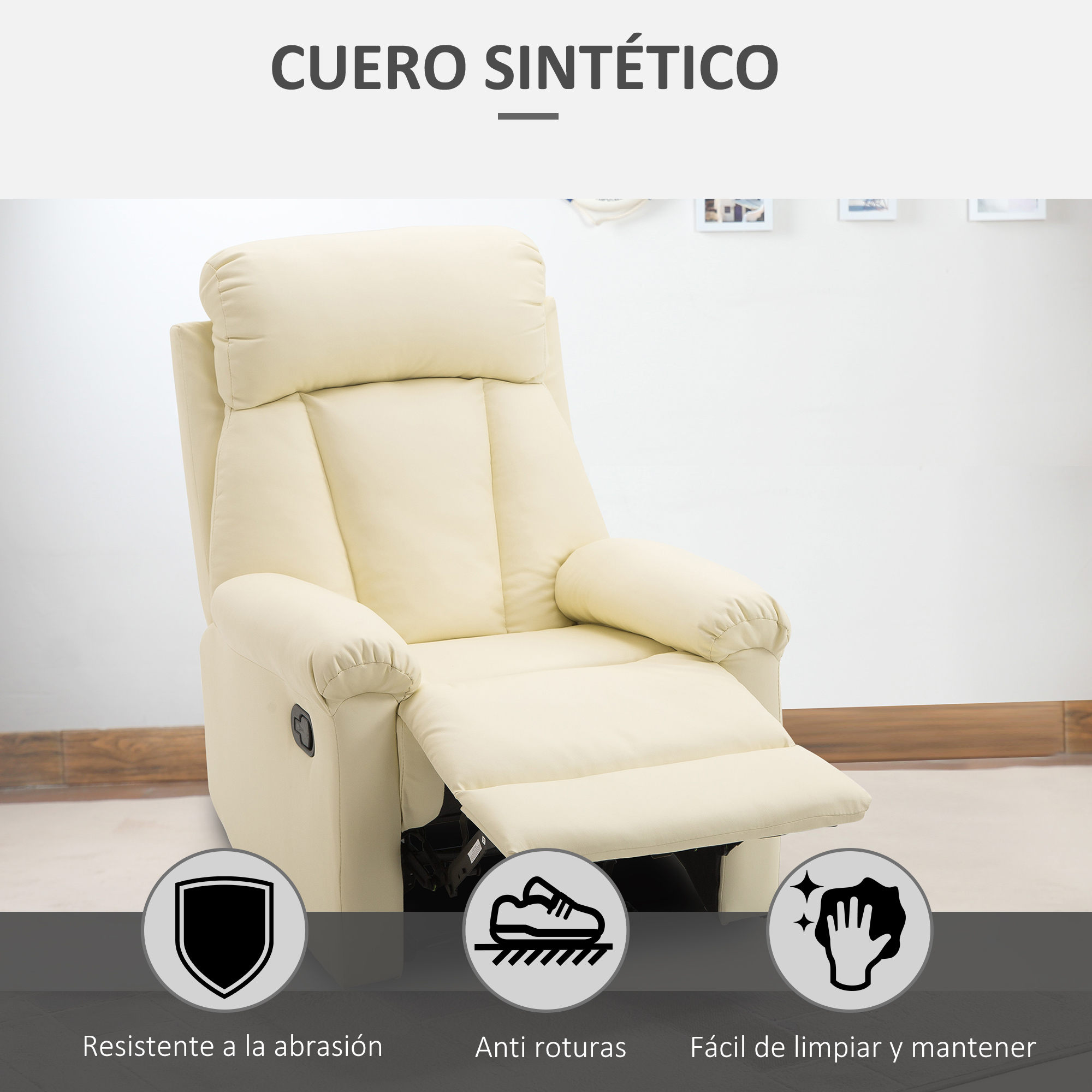 Se muestra una silla reclinable de color crema con tres iconos que indican resistencia a la abrasión, antidesgarro y fácil limpieza.