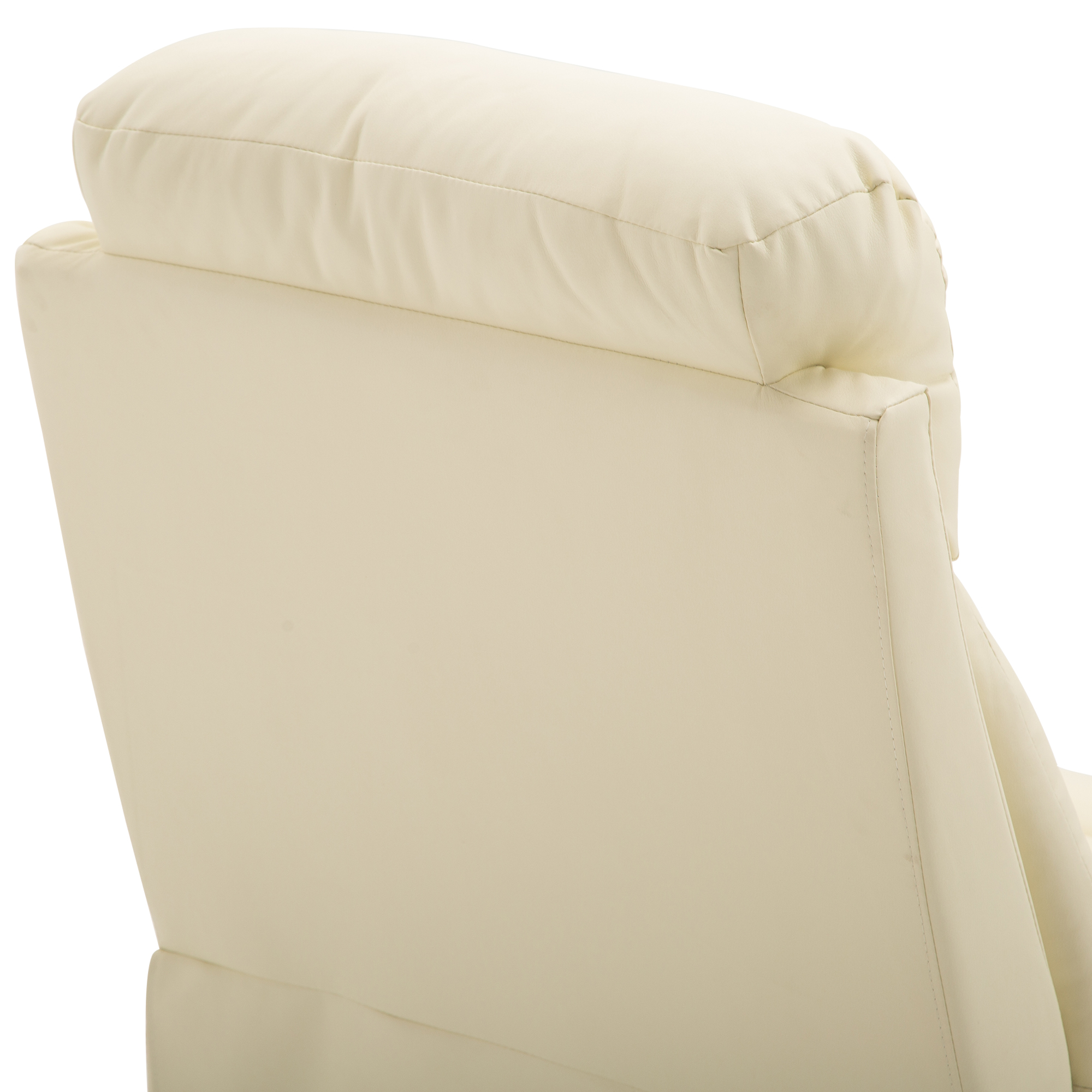 Primer plano del respaldo y el reposacabezas de un sillón reclinable color crema. La silla es de cuero liso cosido.