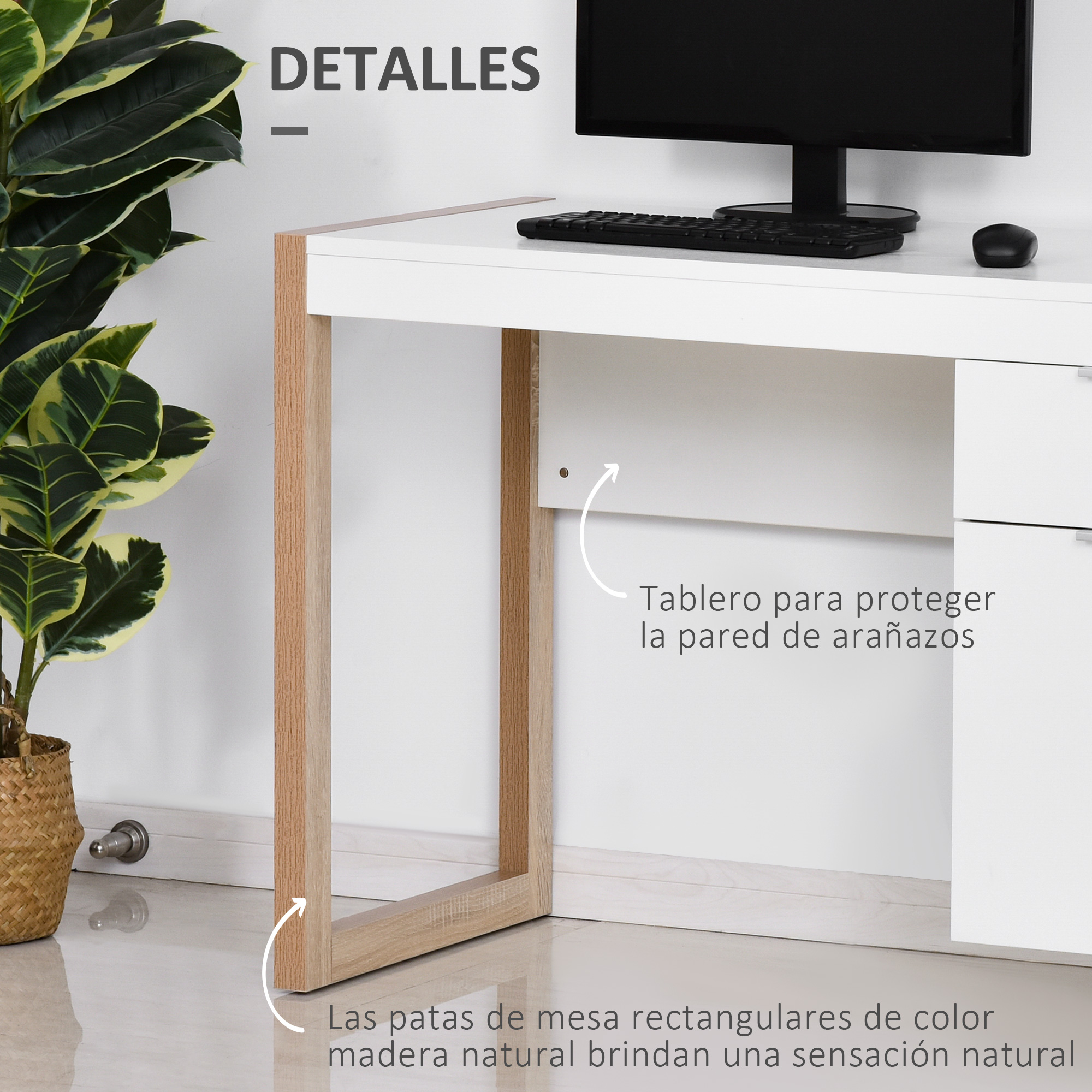 Un escritorio blanco con patas de madera está frente a una planta. Un monitor y un teclado están sobre el escritorio.