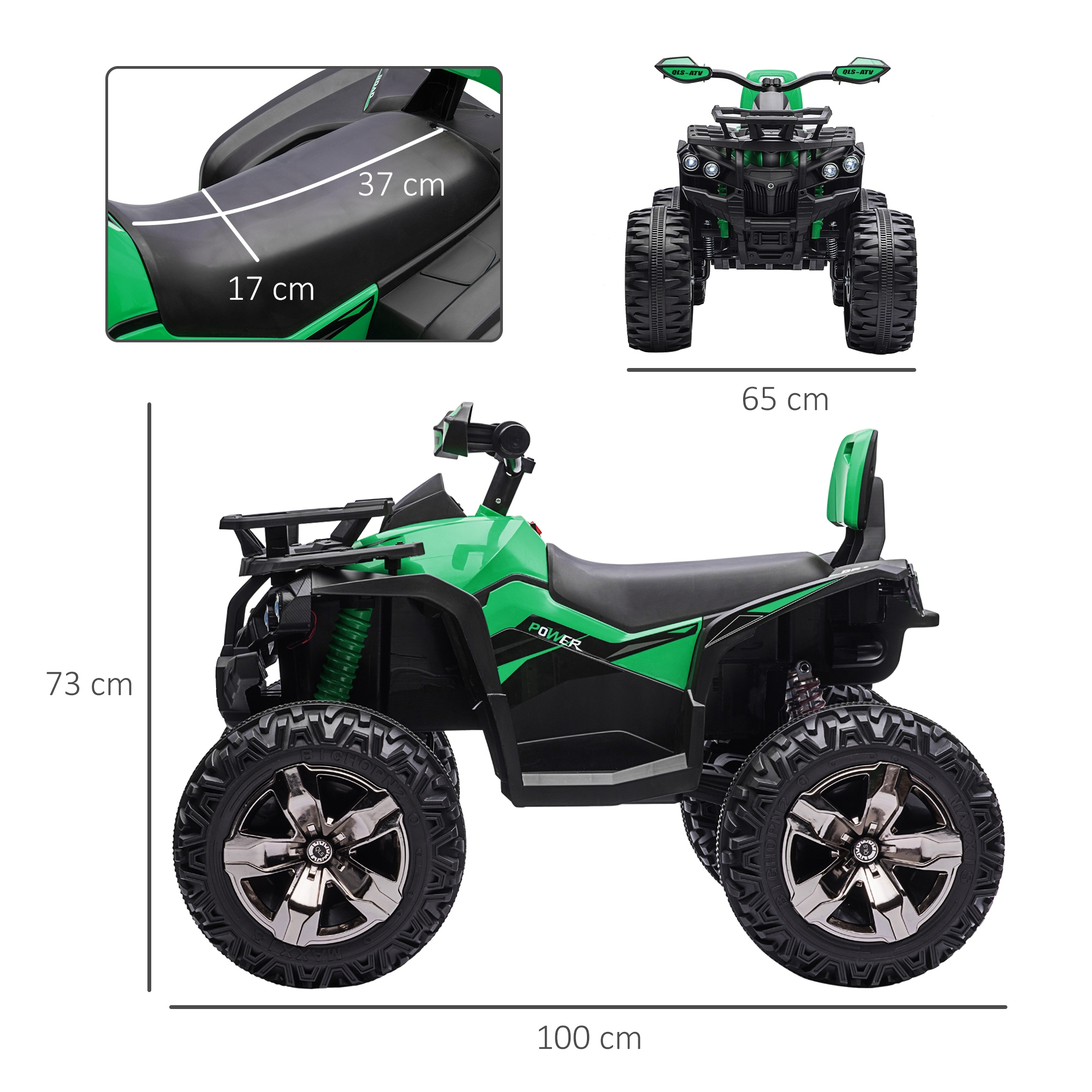 ATV de juguete verde y negro con neumáticos grandes. Dimensiones: 100 cm de largo, 73 cm de alto y 65 cm de ancho.