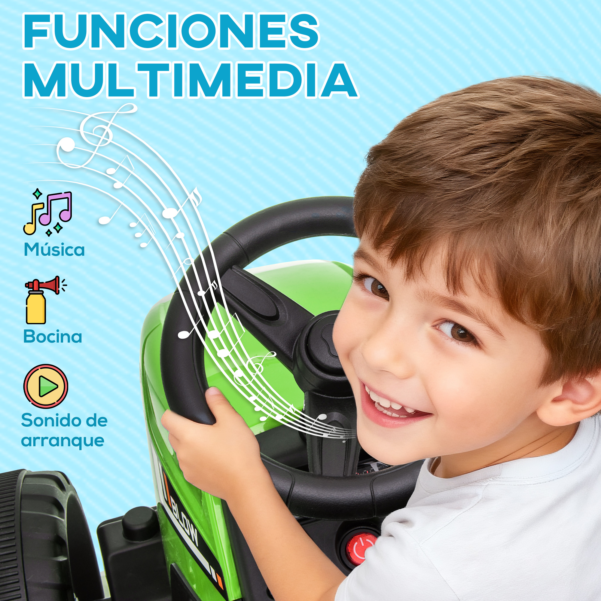 Un niño sonriente en un coche de juguete. Texto: 'Funciones Multimedia'. Iconos de música, bocina y sonido de arranque.