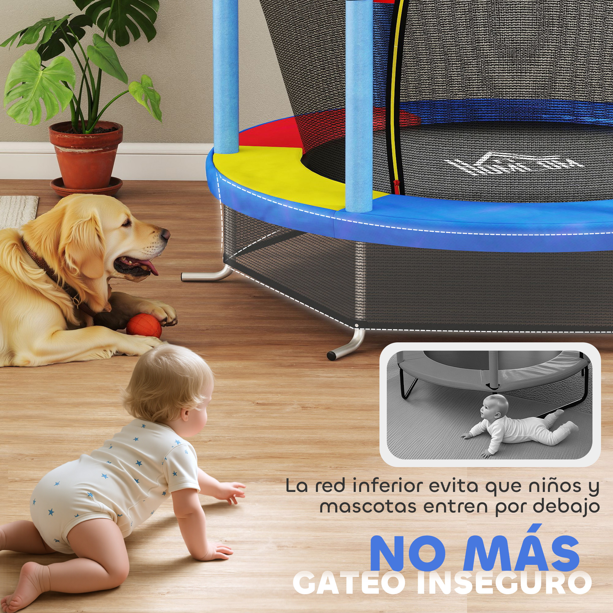 Un bebé gatea hacia un trampolín, un perro yace cerca. El trampolín es negro, azul, amarillo y rojo. Una planta está en el fondo.