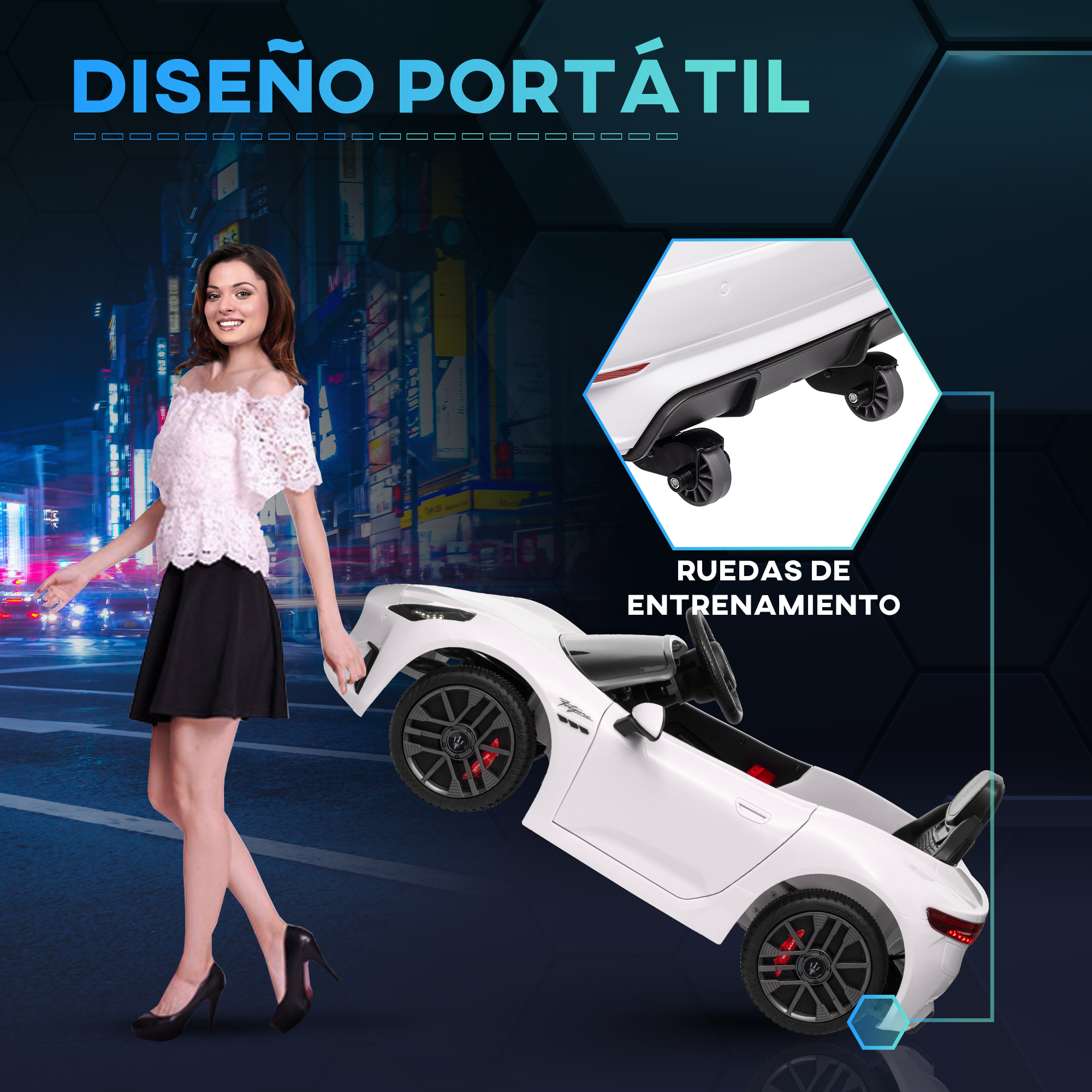 Una mujer está de pie junto a un coche de juguete blanco. El coche está inclinado. El texto dice 'DISEÑO PORTÁTIL' y 'RUEDAS DE ENTRENAMIENTO'.