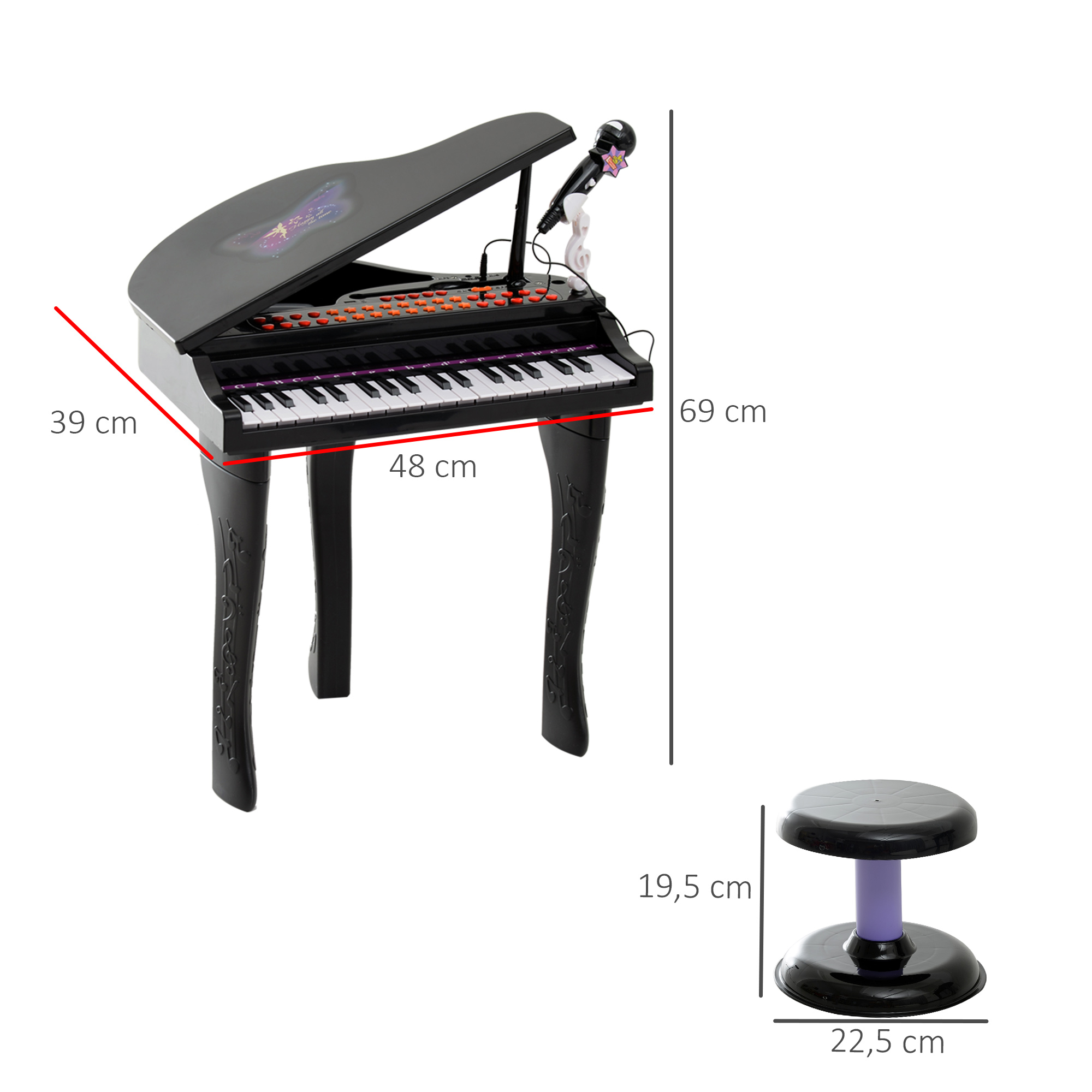 Un piano de juguete negro con micrófono y taburete. Se indican las dimensiones. El piano tiene teclas y botones.